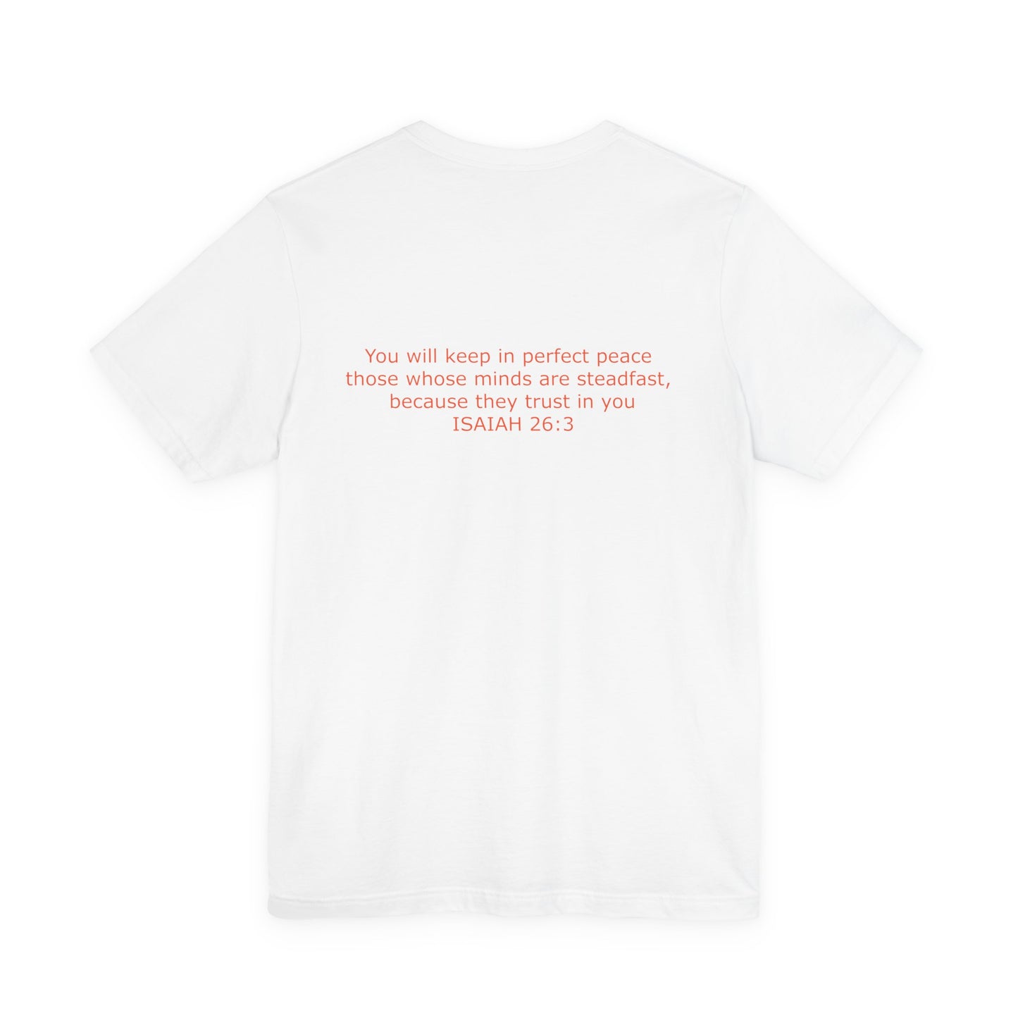 Steadfast Left Chest Red Logo Unisex Jersey Tee with Isaiah 26:3 Verse