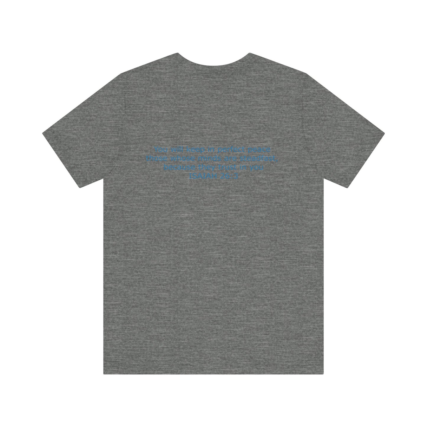 Steadfast Left Chest Blue Logo Unisex Jersey Tee with Isaiah 26:3 Verse