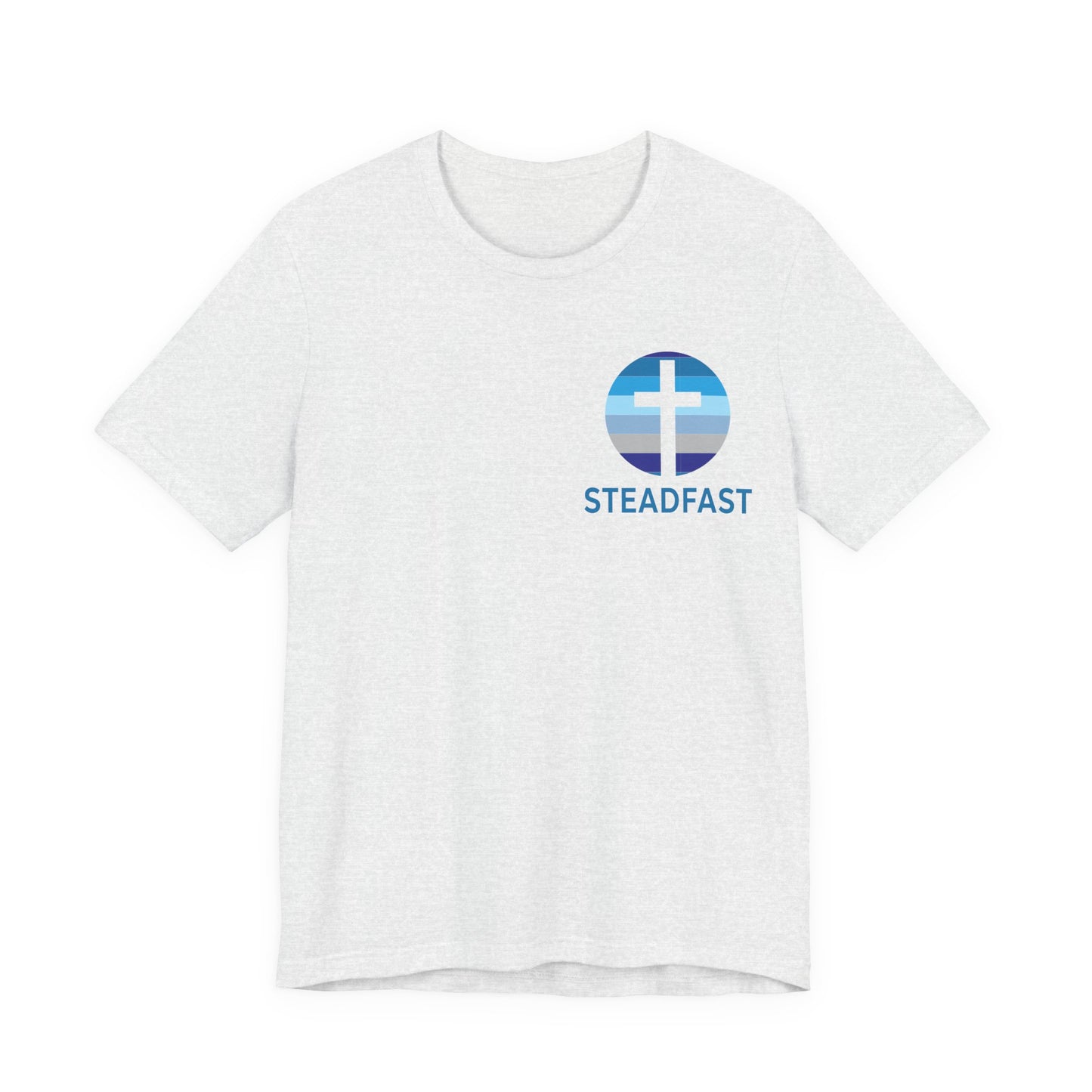 Steadfast Left Chest Blue Logo Unisex Jersey Tee with Isaiah 26:3 Verse