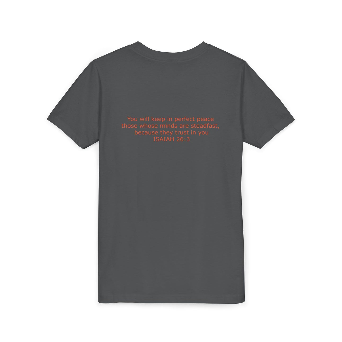 Kid's Steadfast Unisex Jersey Tee with Isaiah 26:3 Verse - Red Logo