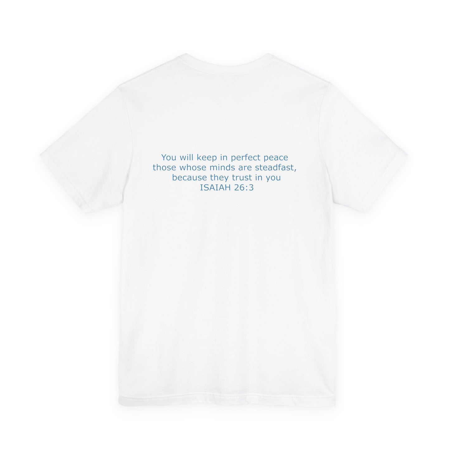 Steadfast Left Chest Blue Logo Unisex Jersey Tee with Isaiah 26:3 Verse