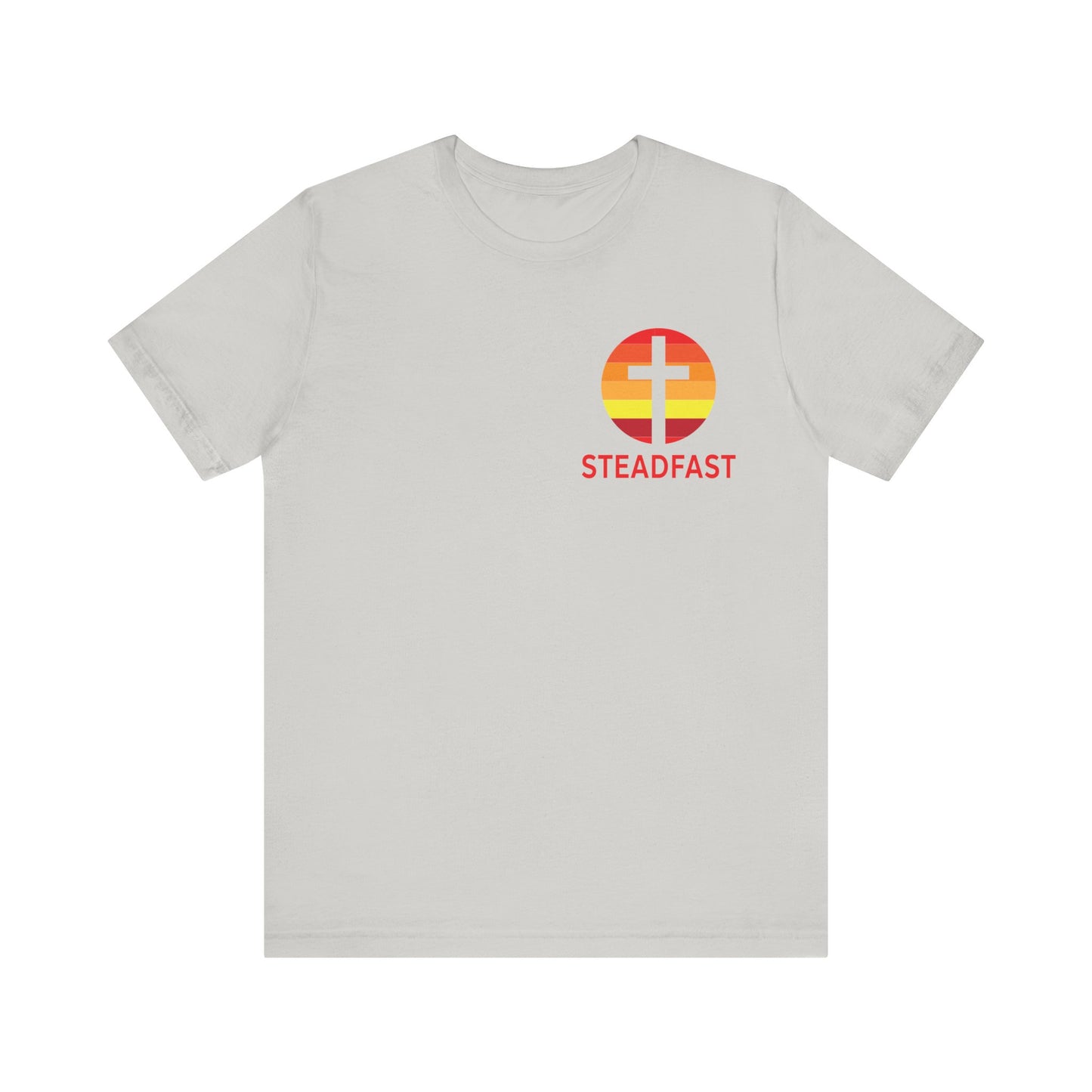 Steadfast Left Chest Red Logo Unisex Jersey Tee with Isaiah 26:3 Verse