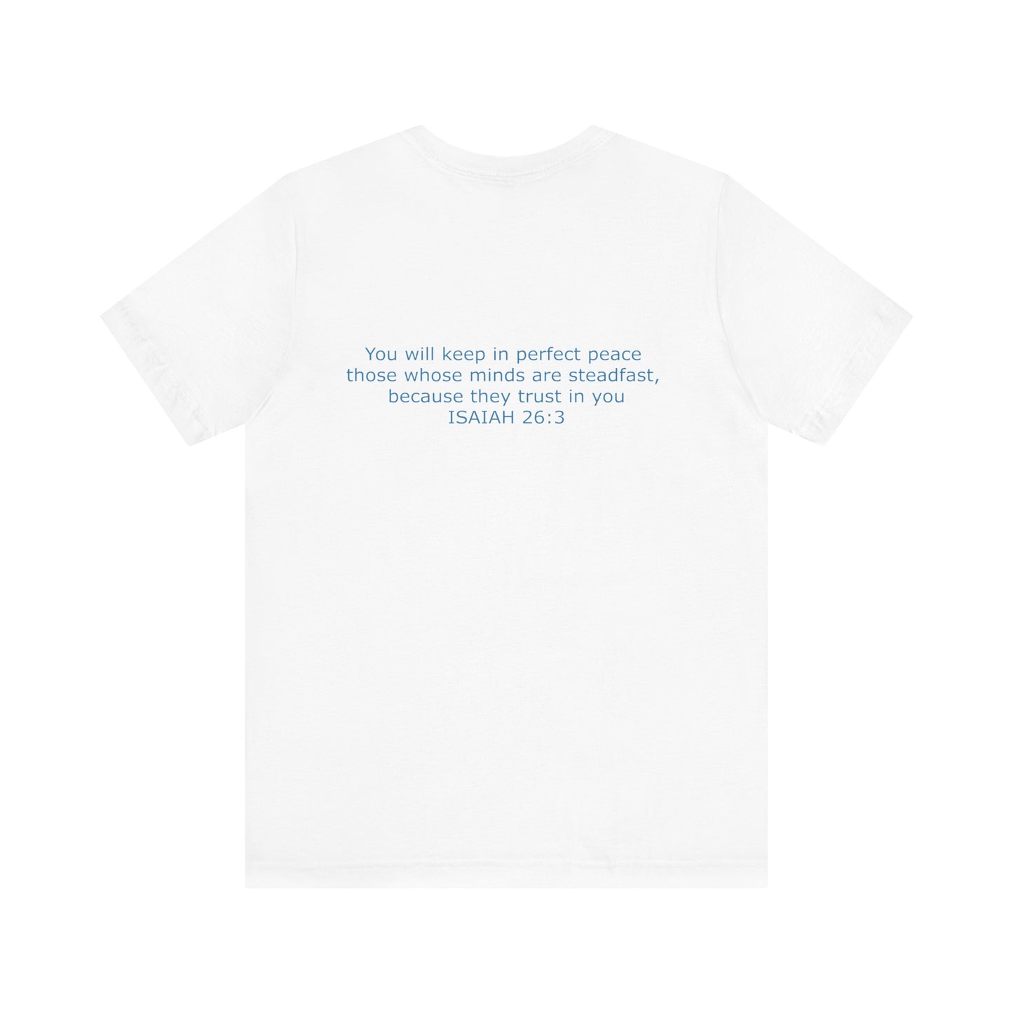 Steadfast Left Chest Blue Logo Unisex Jersey Tee with Isaiah 26:3 Verse