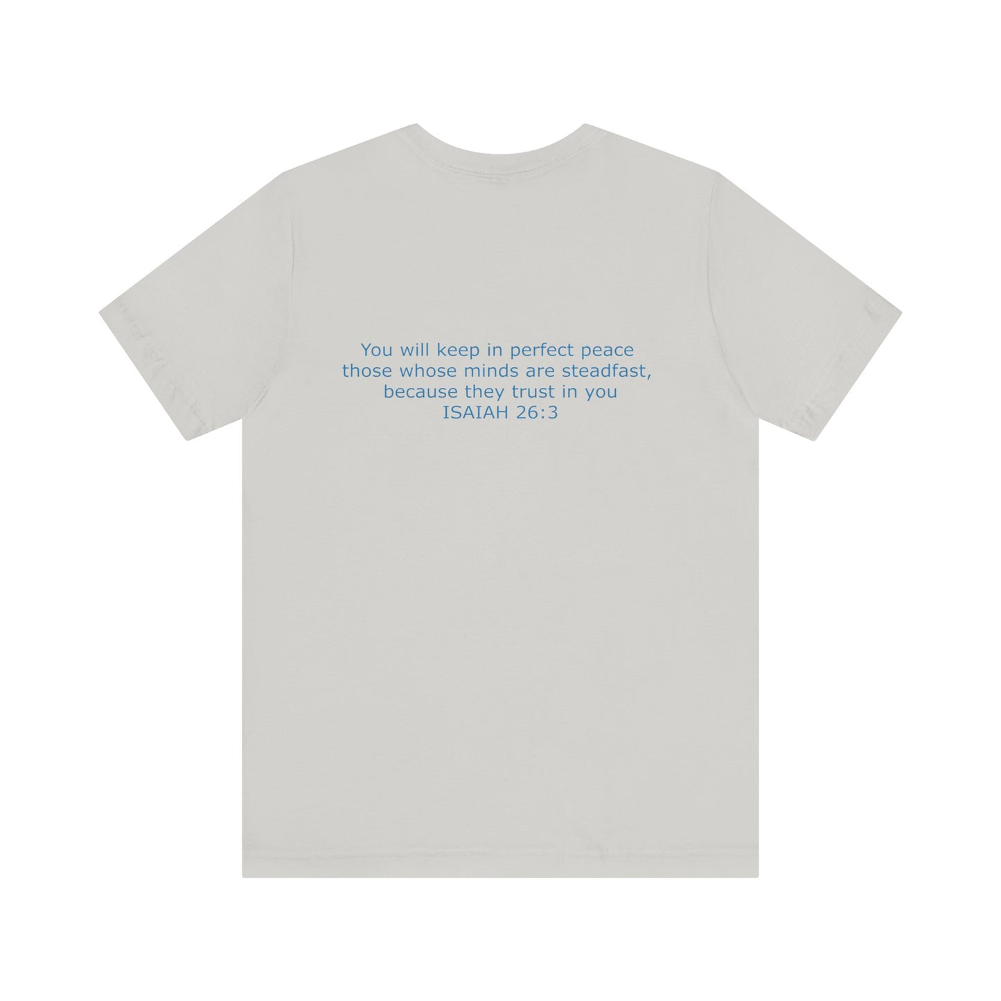 Steadfast Left Chest Blue Logo Unisex Jersey Tee with Isaiah 26:3 Verse
