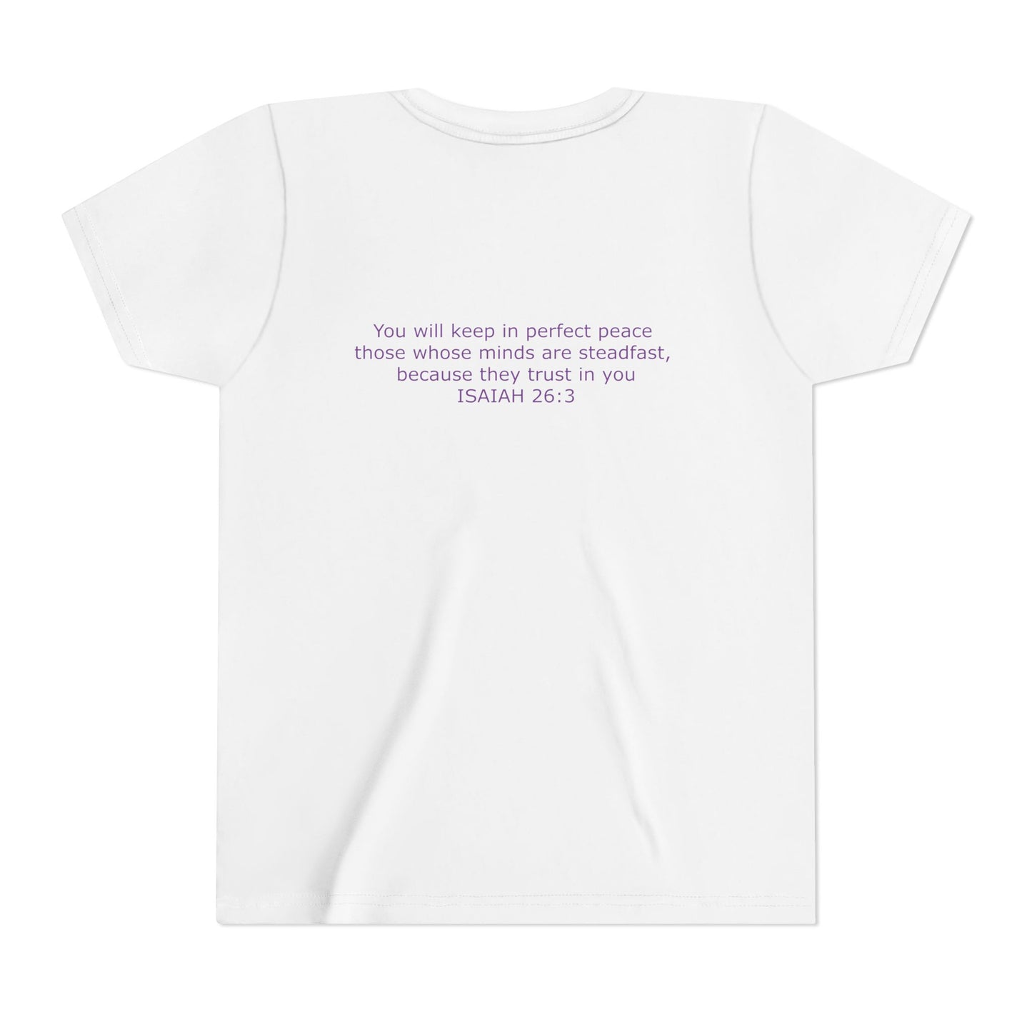 Kid's Steadfast Unisex Jersey Tee with Isaiah 26:3 Verse - Purple Logo