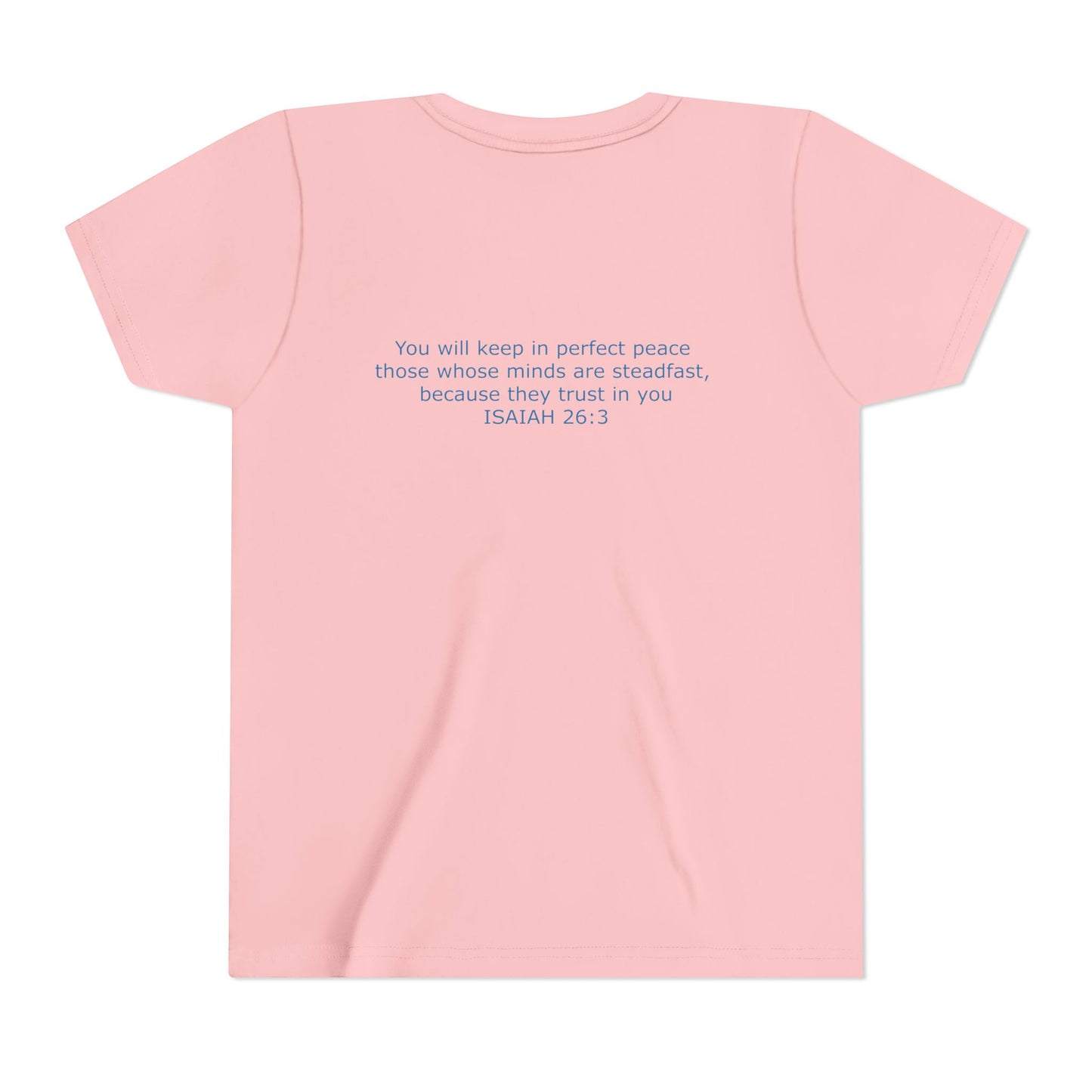 Kid's Steadfast Unisex Jersey Tee with Isaiah 26:3 Verse - Blue Logo
