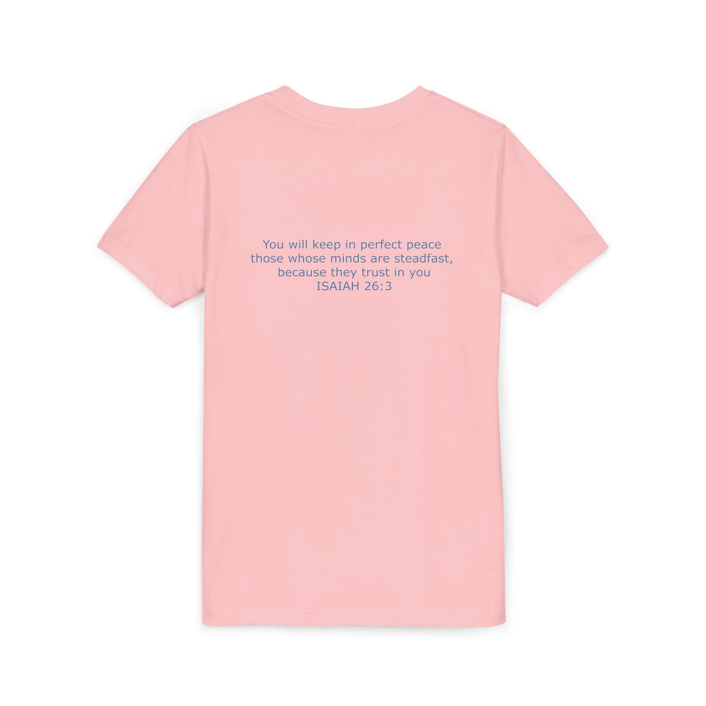 Kid's Steadfast Unisex Jersey Tee with Isaiah 26:3 Verse - Blue Logo