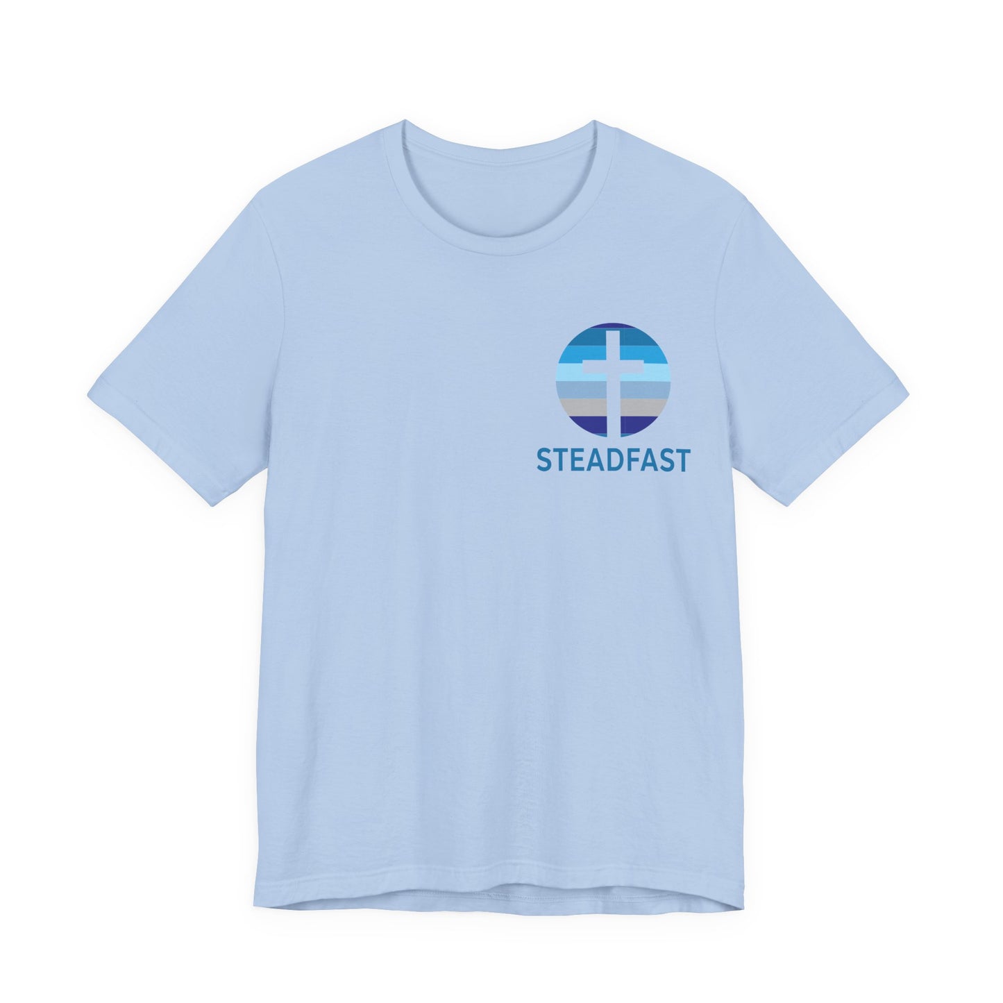 Steadfast Left Chest Blue Logo Unisex Jersey Tee with Isaiah 26:3 Verse
