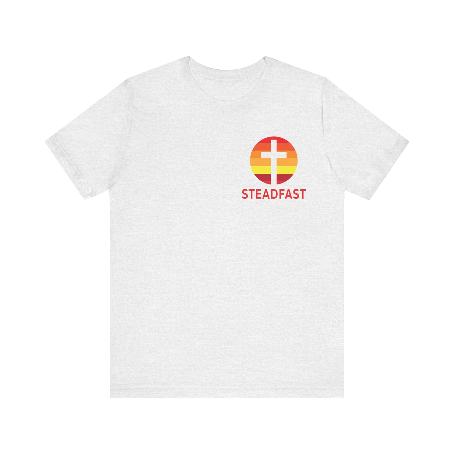 Steadfast Left Chest Red Logo Unisex Jersey Tee with Isaiah 26:3 Verse