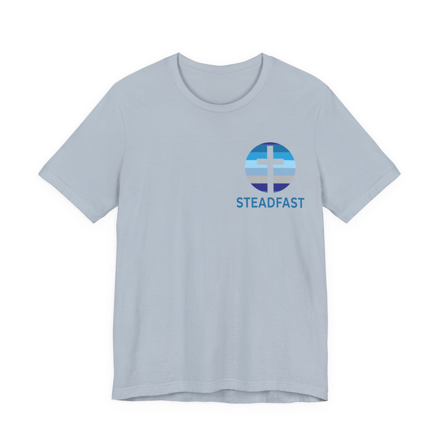 Steadfast Left Chest Blue Logo Unisex Jersey Tee with Isaiah 26:3 Verse