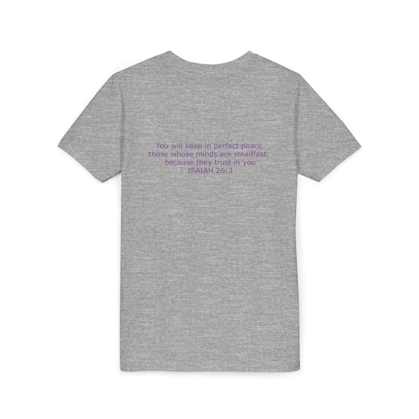 Kid's Steadfast Unisex Jersey Tee with Isaiah 26:3 Verse - Purple Logo