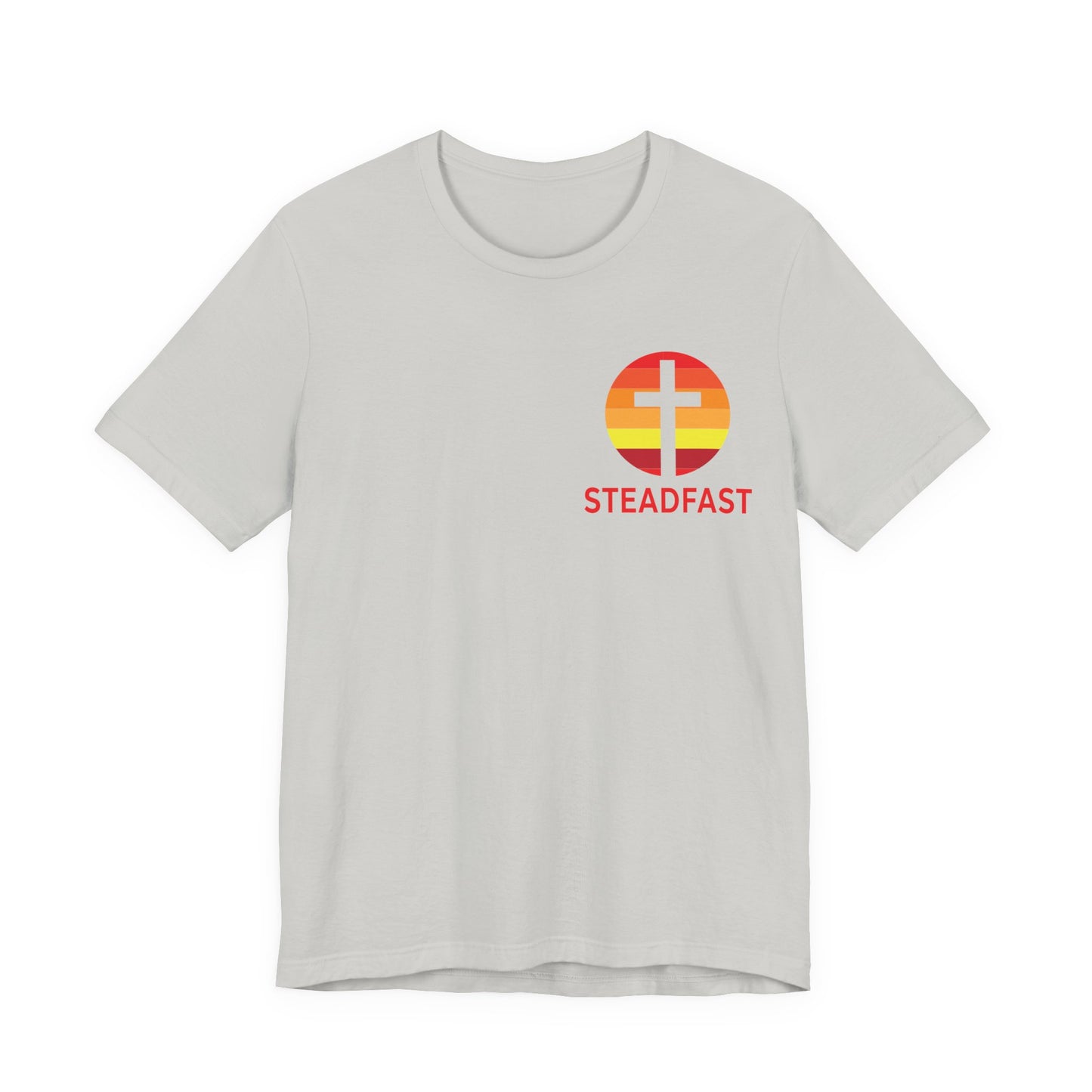 Steadfast Left Chest Red Logo Unisex Jersey Tee with Isaiah 26:3 Verse