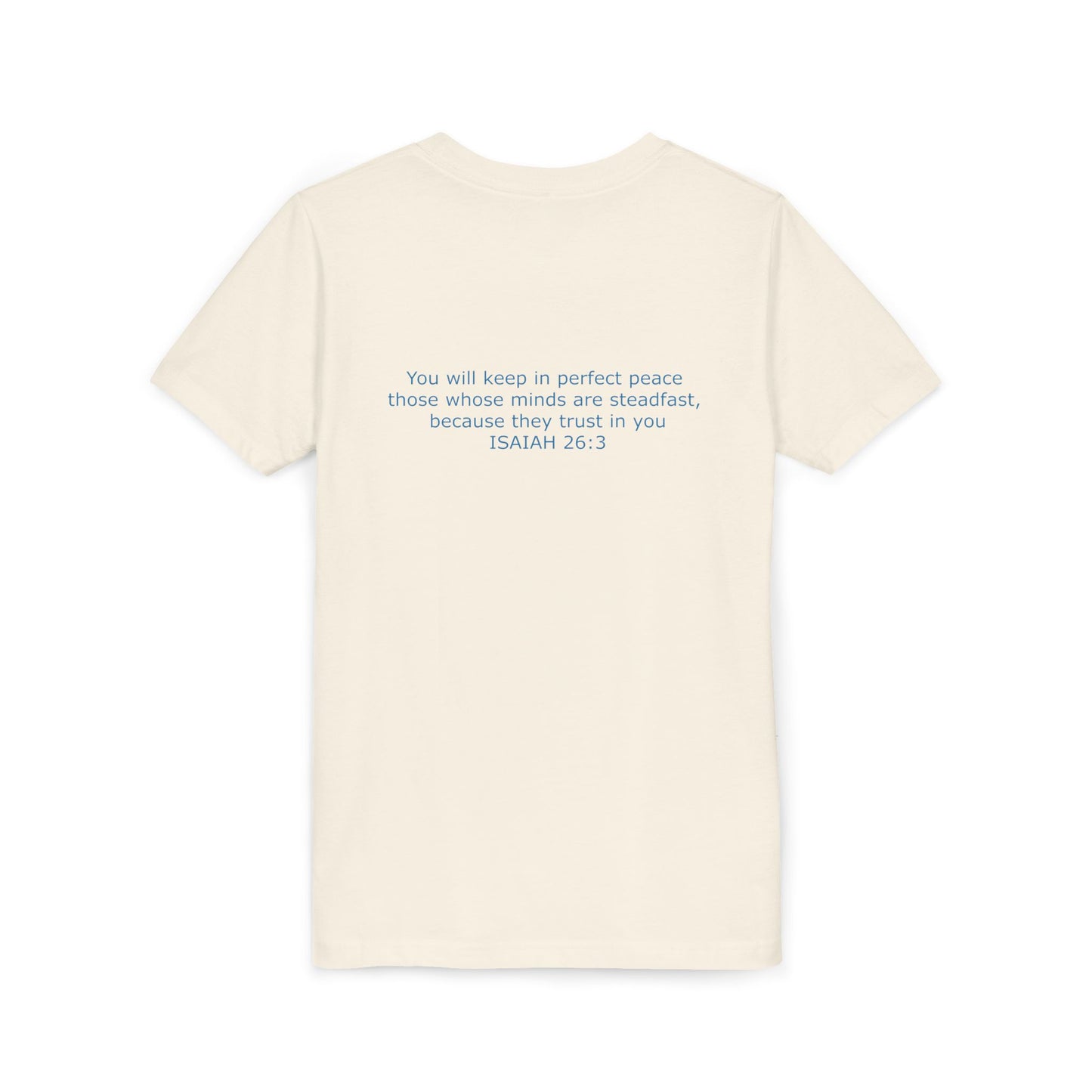 Kid's Steadfast Unisex Jersey Tee with Isaiah 26:3 Verse - Blue Logo