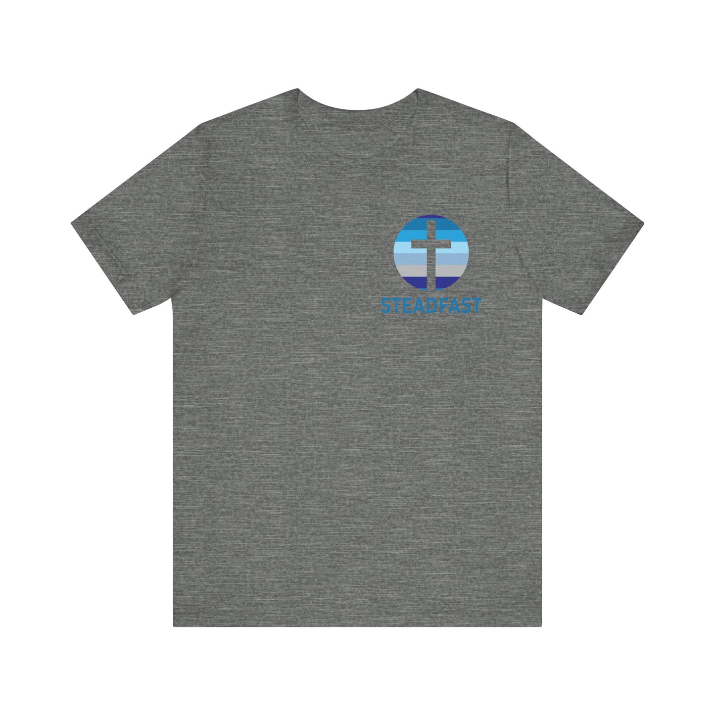 Steadfast Left Chest Blue Logo Unisex Jersey Tee with Isaiah 26:3 Verse