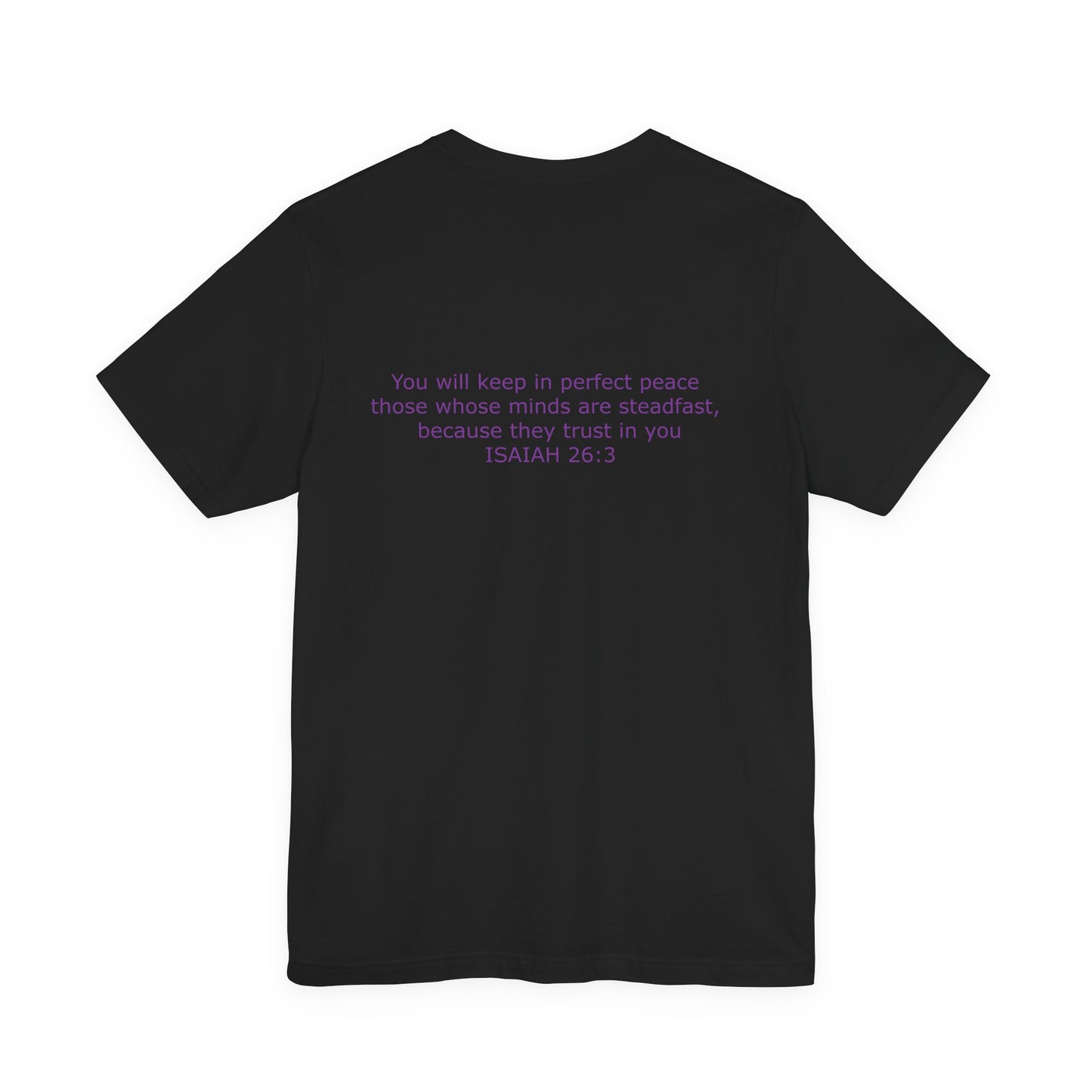 Steadfast Left Chest Purple Logo Unisex Jersey Tee with Isaiah 26:3 Verse