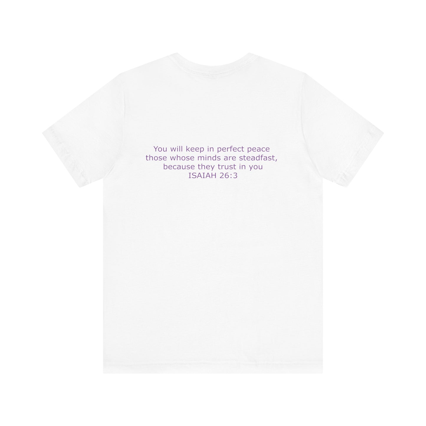 Steadfast Left Chest Purple Logo Unisex Jersey Tee with Isaiah 26:3 Verse