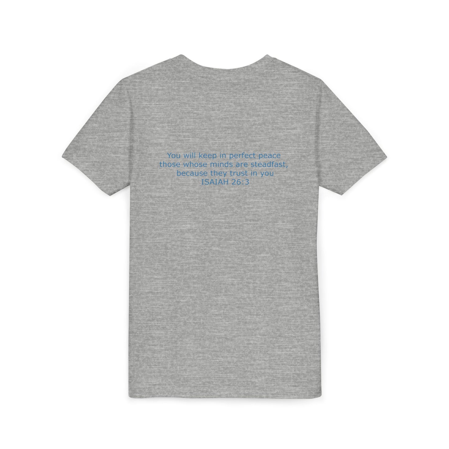 Kid's Steadfast Unisex Jersey Tee with Isaiah 26:3 Verse - Blue Logo