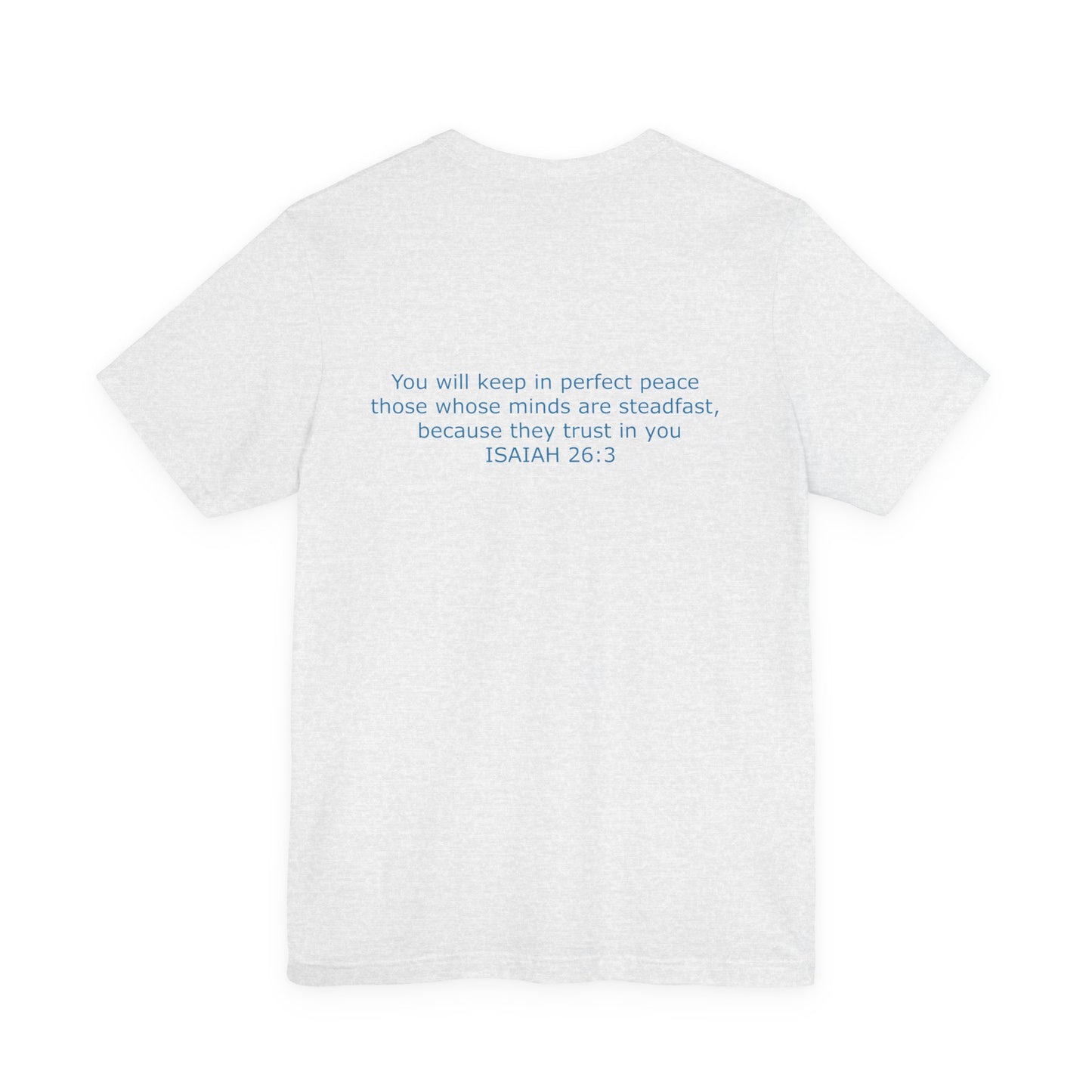 Steadfast Left Chest Blue Logo Unisex Jersey Tee with Isaiah 26:3 Verse