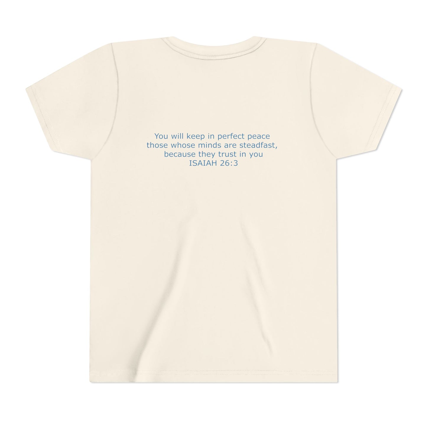 Kid's Steadfast Unisex Jersey Tee with Isaiah 26:3 Verse - Blue Logo