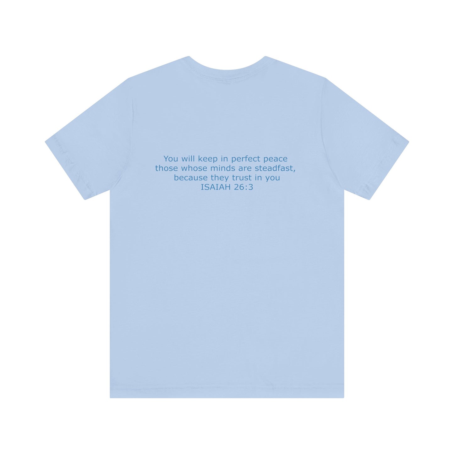 Steadfast Left Chest Blue Logo Unisex Jersey Tee with Isaiah 26:3 Verse