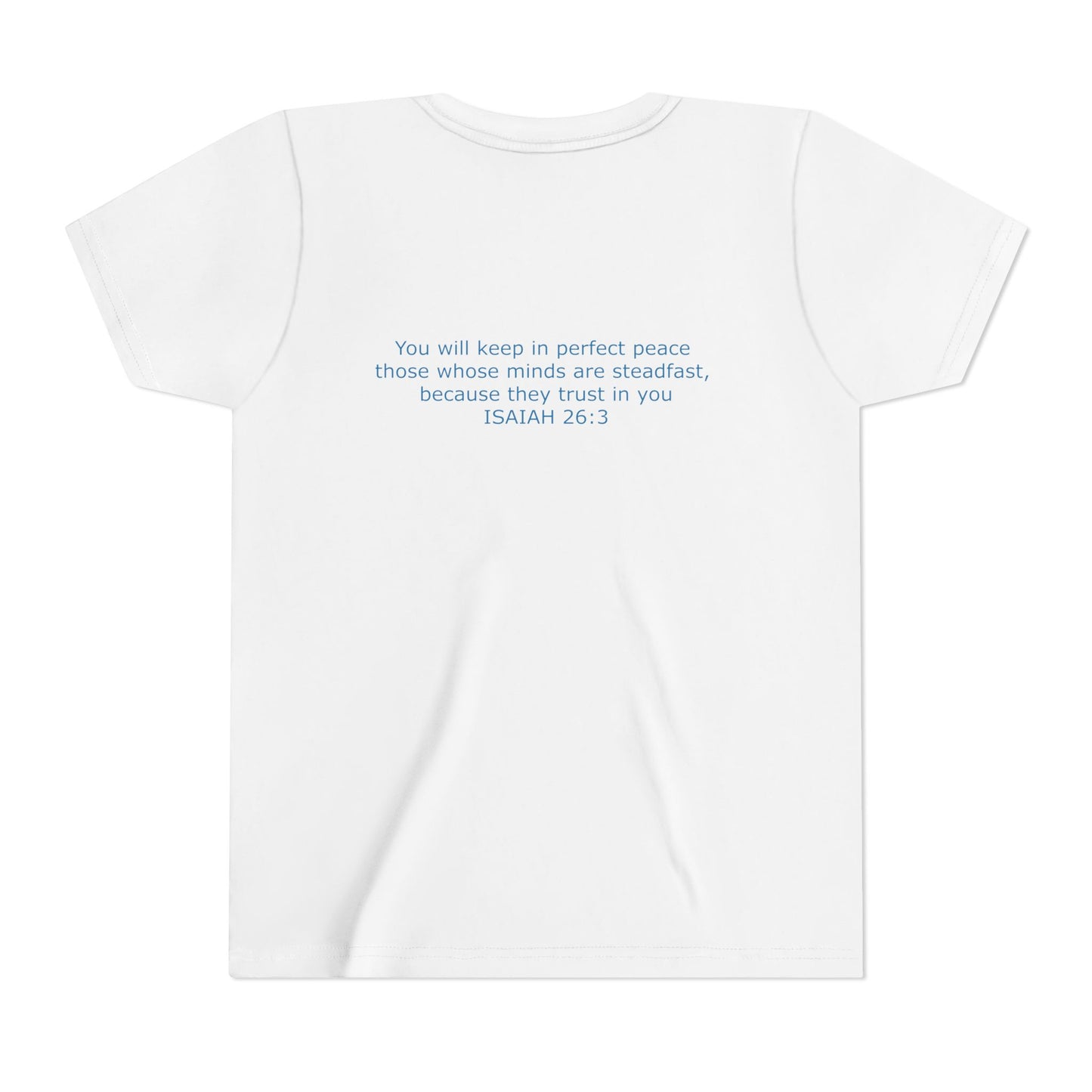 Kid's Steadfast Unisex Jersey Tee with Isaiah 26:3 Verse - Blue Logo