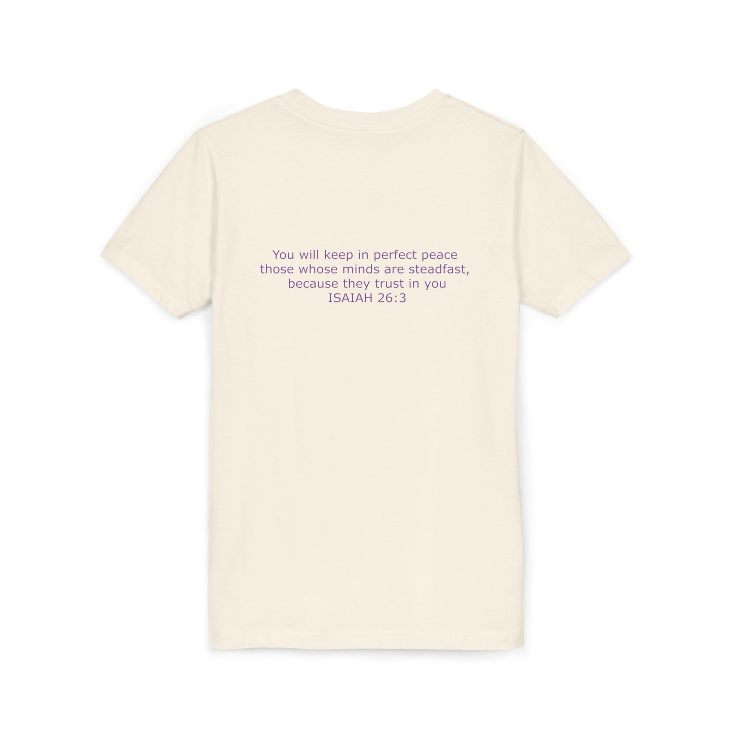 Kid's Steadfast Unisex Jersey Tee with Isaiah 26:3 Verse - Purple Logo
