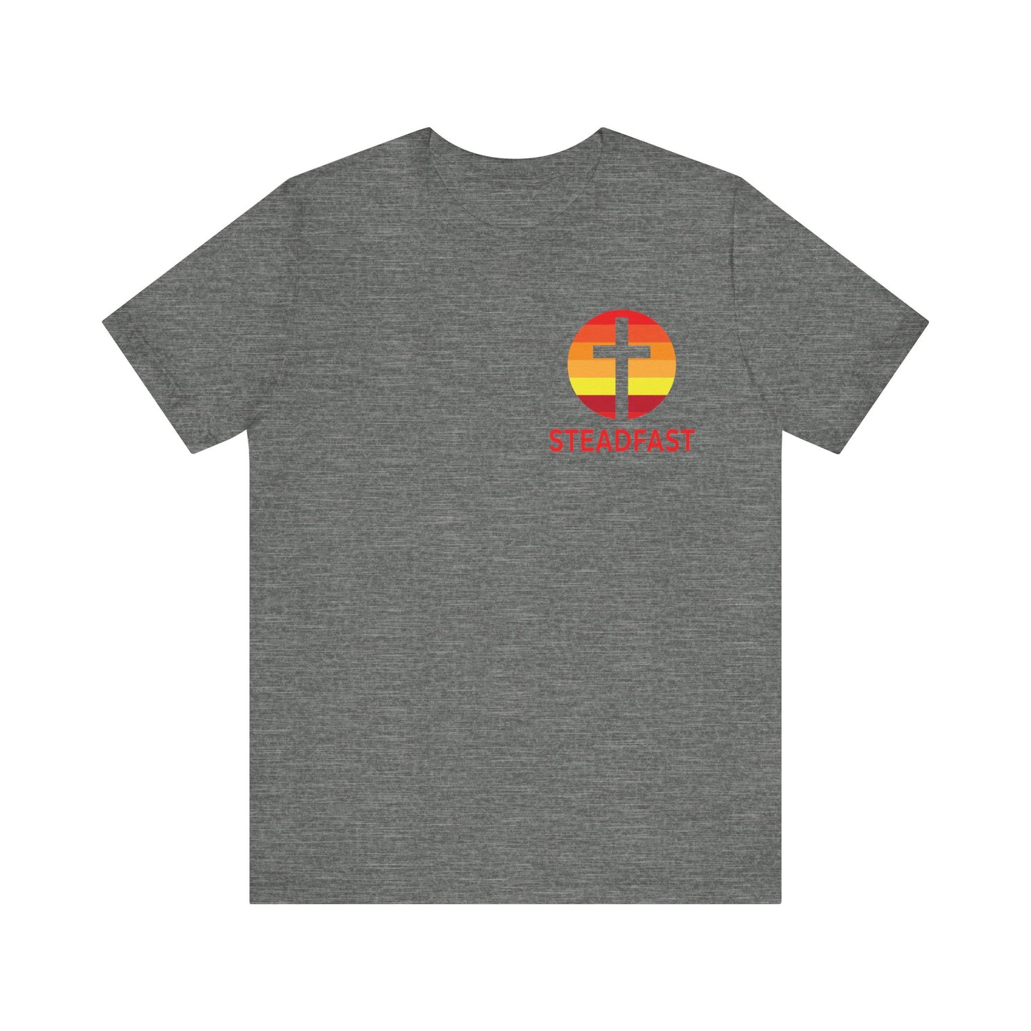 Steadfast Left Chest Red Logo Unisex Jersey Tee with Isaiah 26:3 Verse
