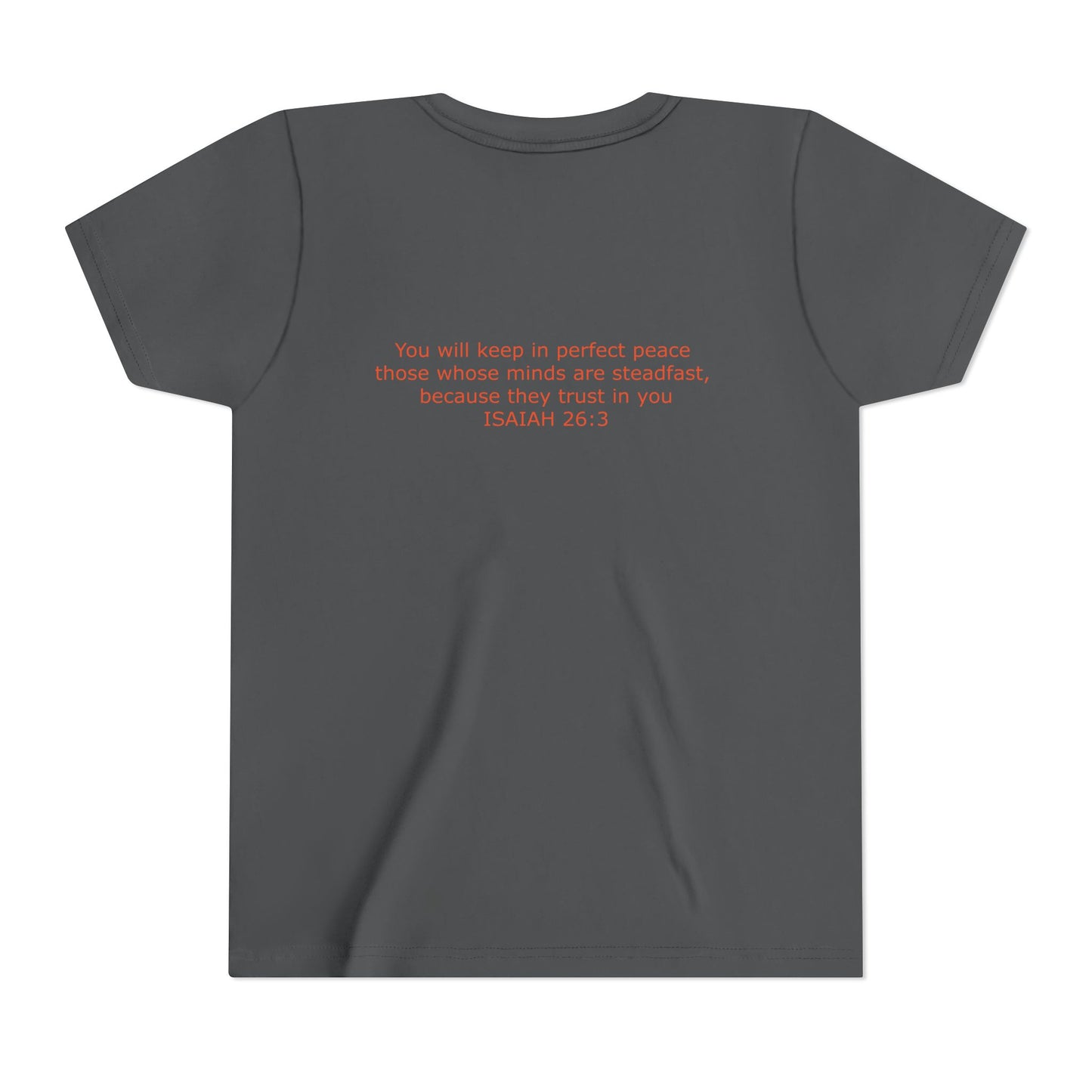 Kid's Steadfast Unisex Jersey Tee with Isaiah 26:3 Verse - Red Logo