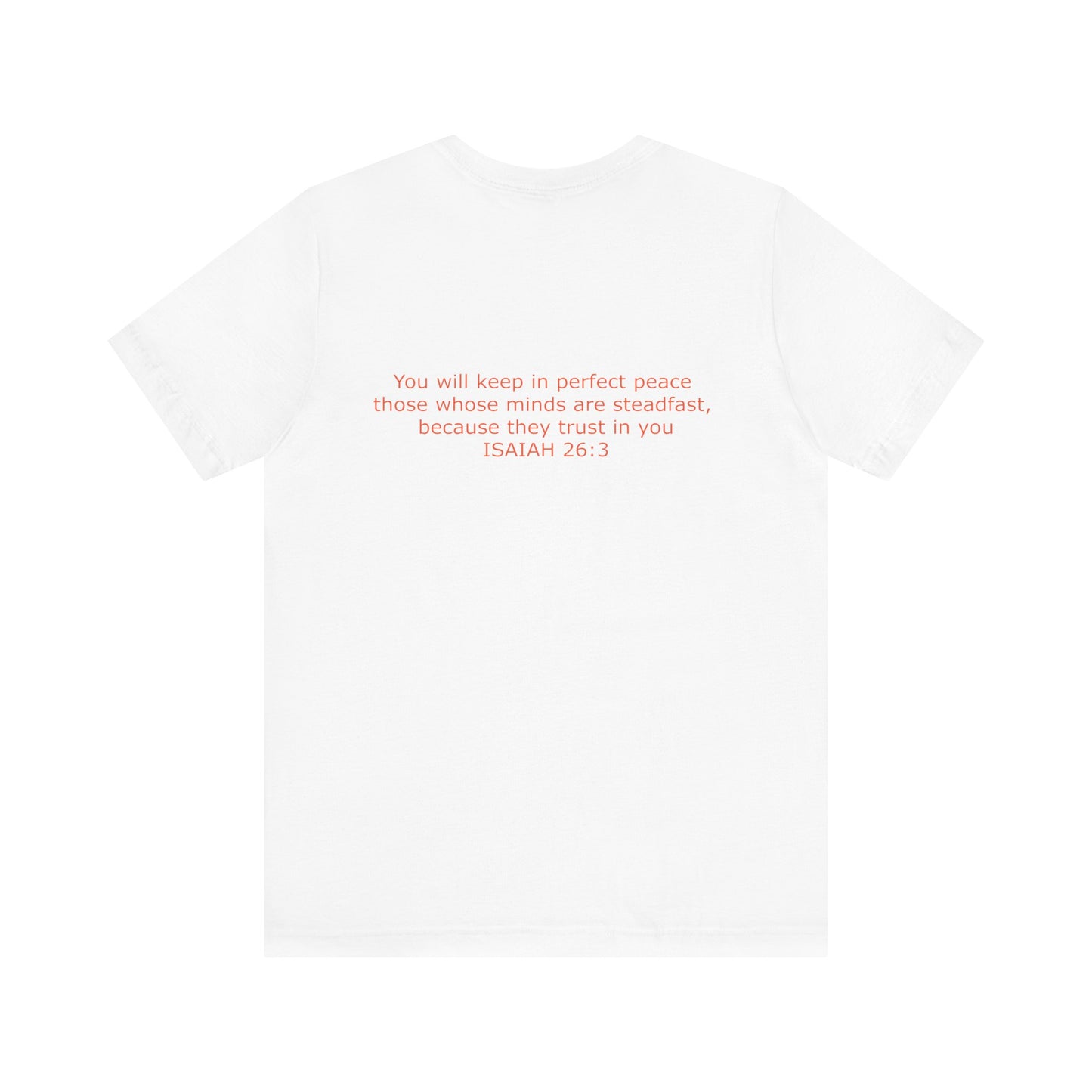 Steadfast Left Chest Red Logo Unisex Jersey Tee with Isaiah 26:3 Verse