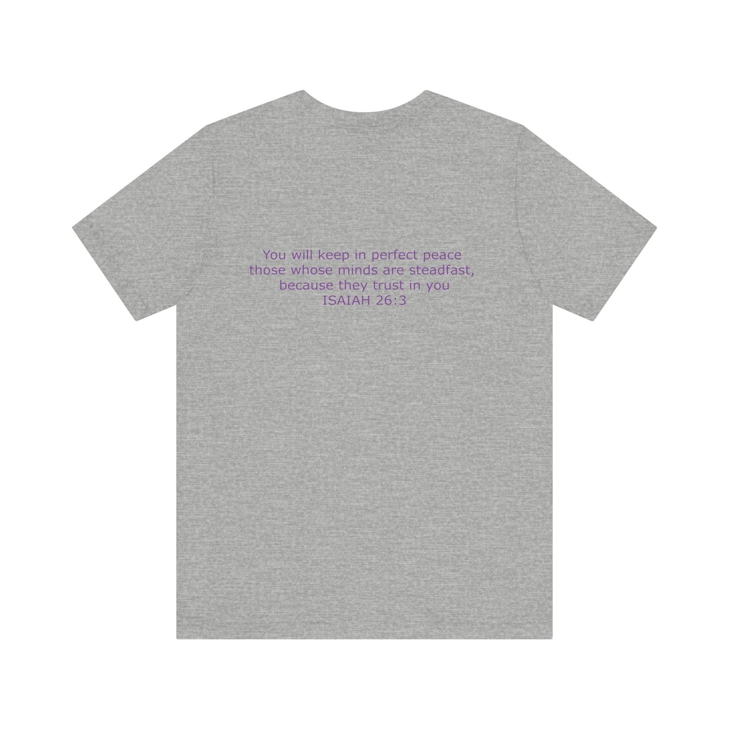 Steadfast Left Chest Purple Logo Unisex Jersey Tee with Isaiah 26:3 Verse