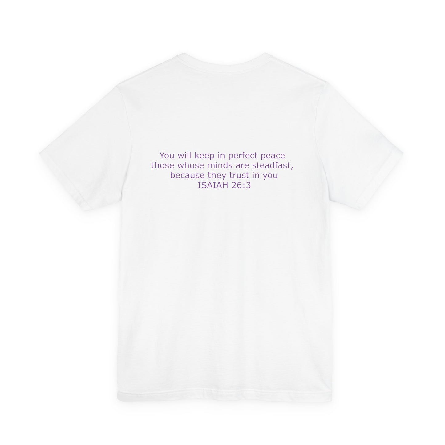 Steadfast Unisex Jersey Tee with Isaiah 26:3 Verse - Purple Logo