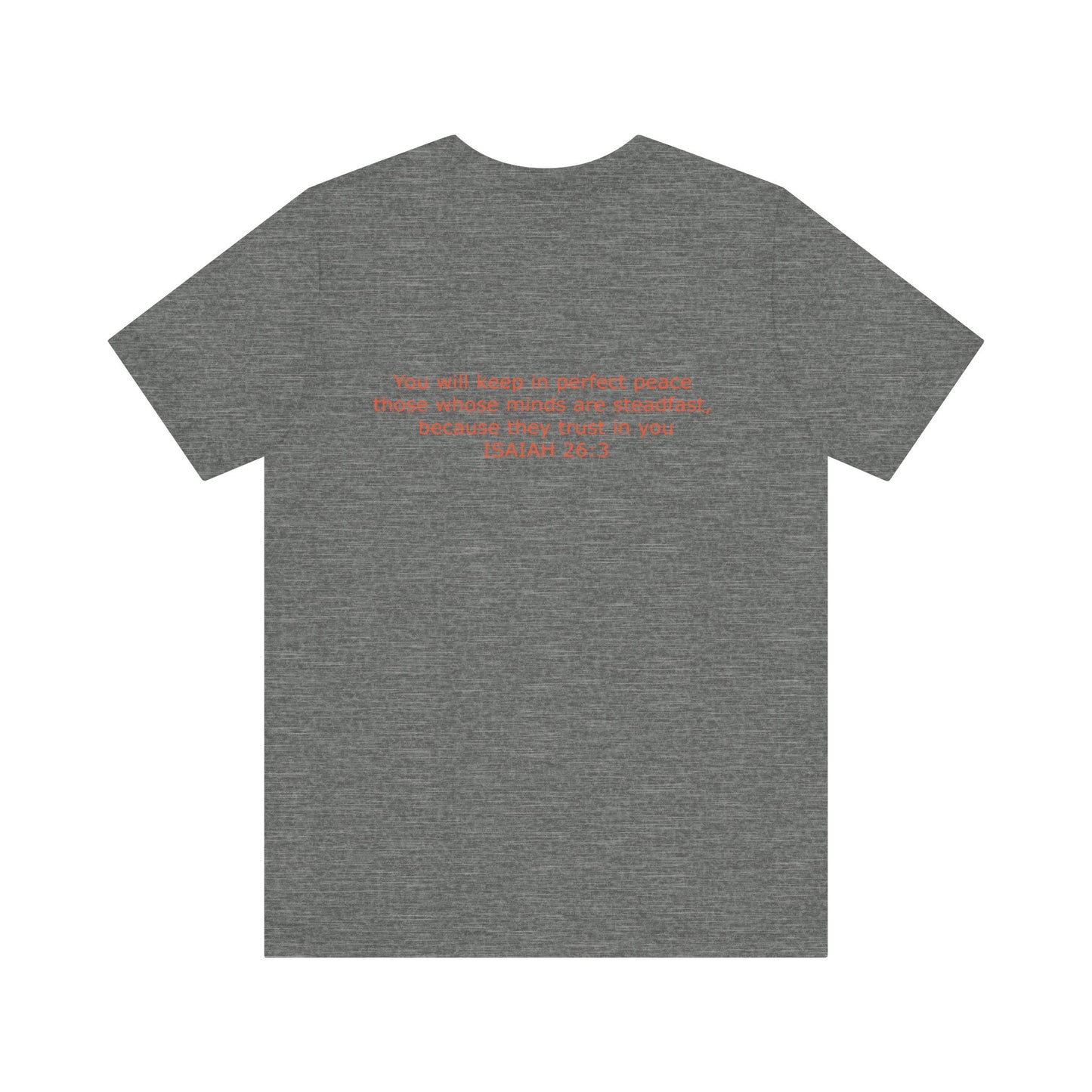 Steadfast Left Chest Red Logo Unisex Jersey Tee with Isaiah 26:3 Verse