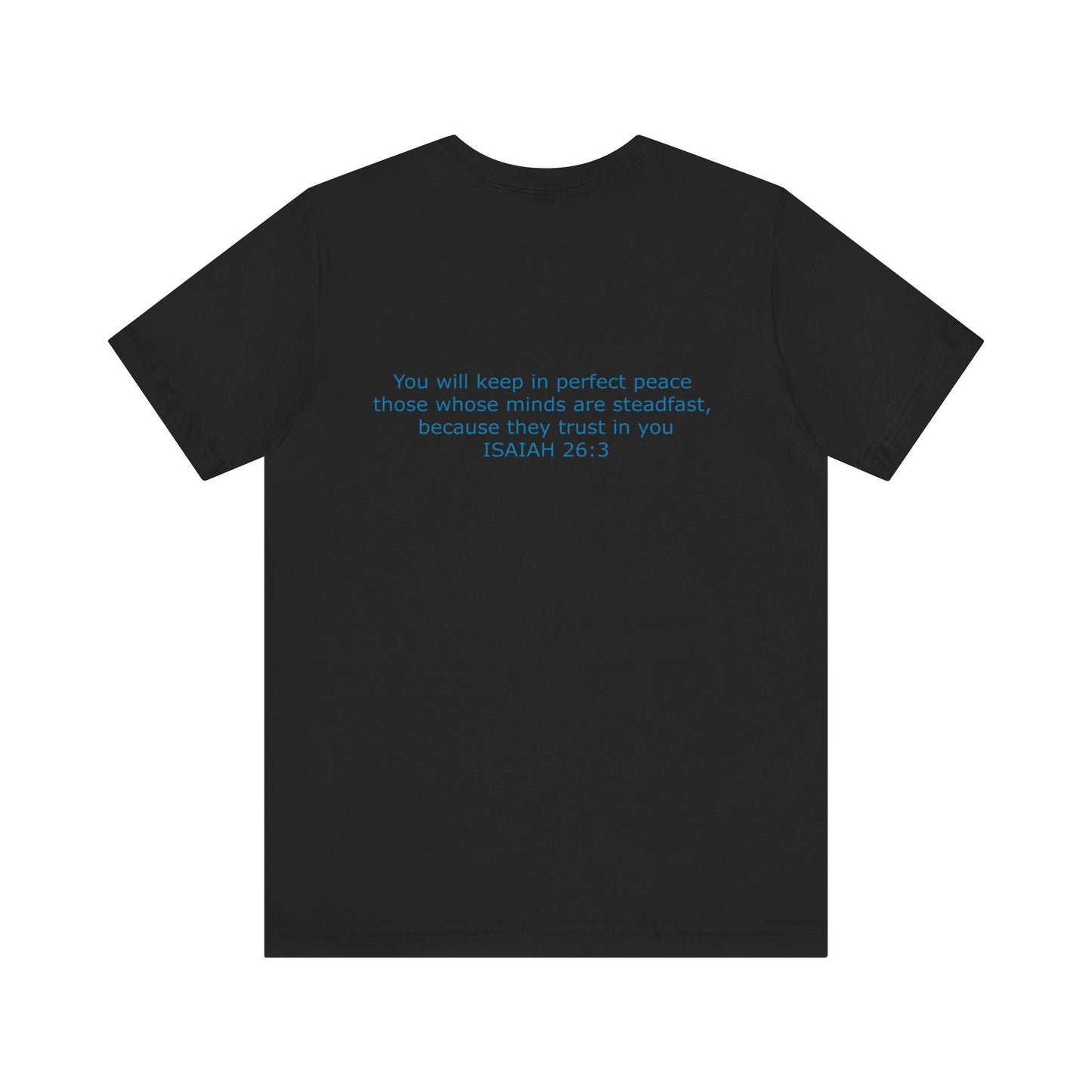 Steadfast Left Chest Blue Logo Unisex Jersey Tee with Isaiah 26:3 Verse