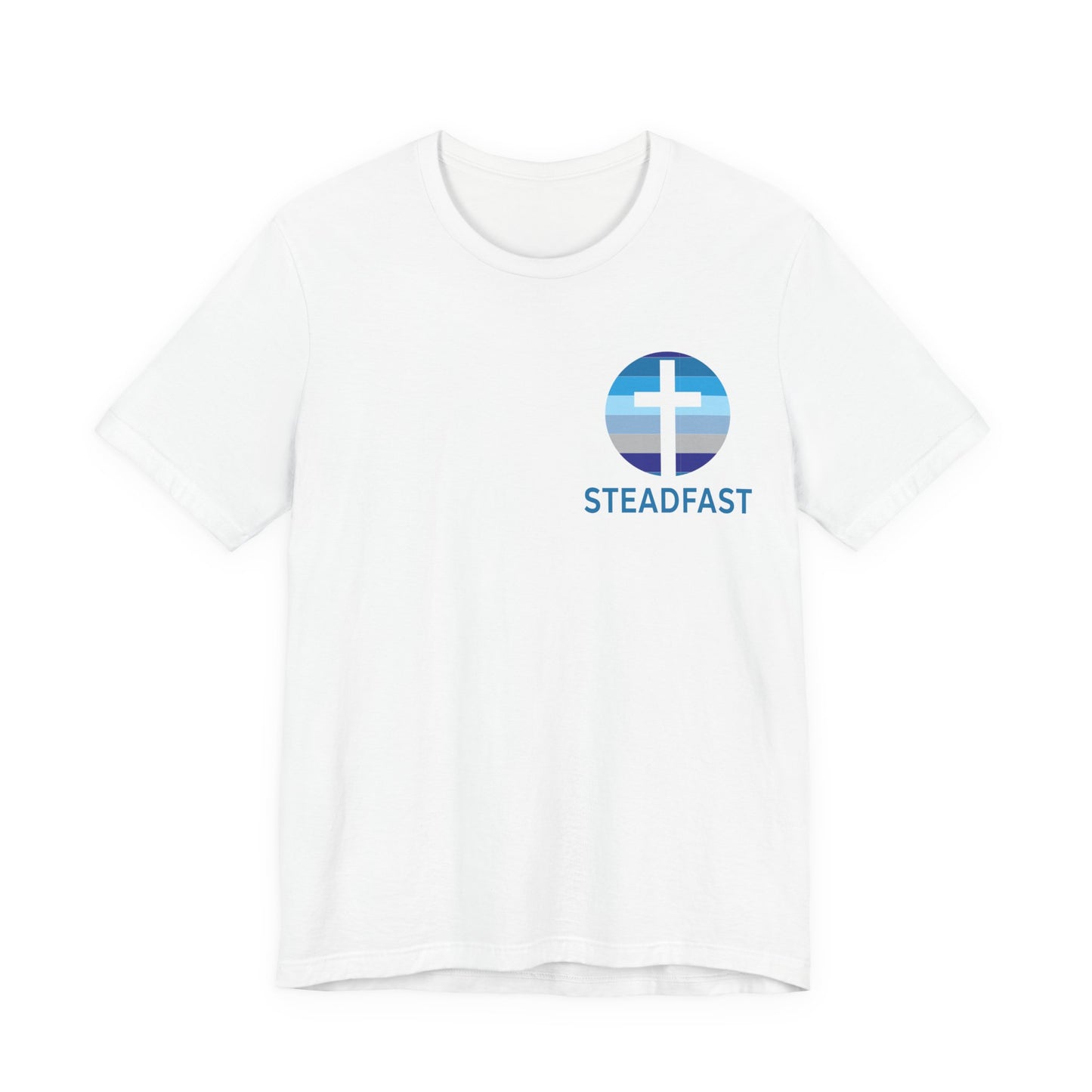 Steadfast Left Chest Blue Logo Unisex Jersey Tee with Isaiah 26:3 Verse