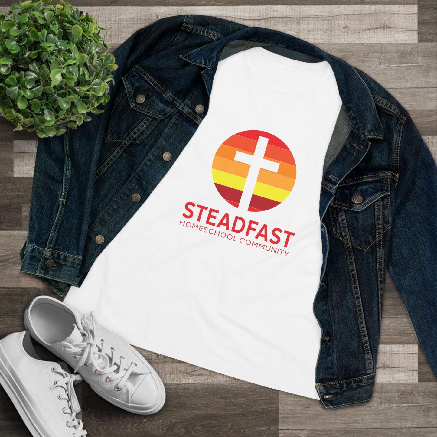 Women's Steadfast Jersey Tee with Isaiah 26:3 Verse - Red Logo