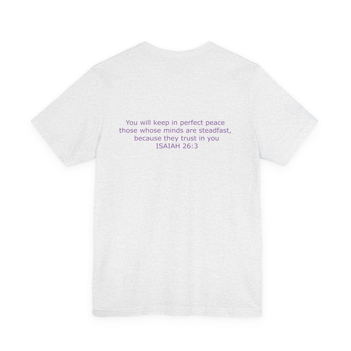 Steadfast Unisex Jersey Tee with Isaiah 26:3 Verse - Purple Logo