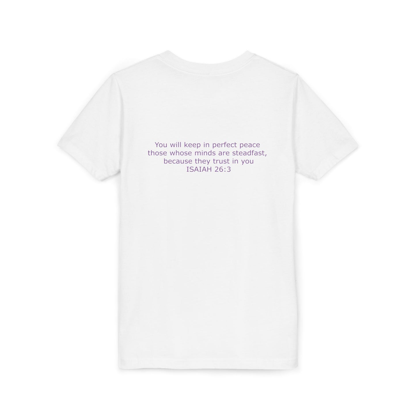 Kid's Steadfast Unisex Jersey Tee with Isaiah 26:3 Verse - Purple Logo