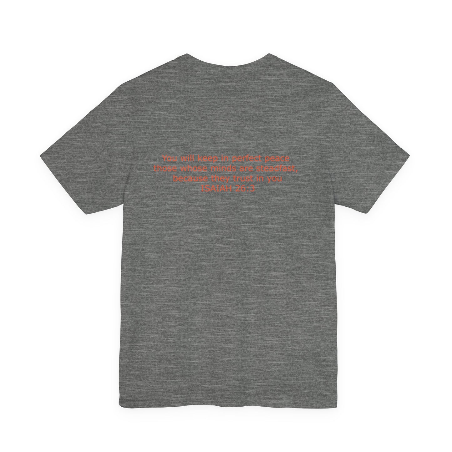 Steadfast Left Chest Red Logo Unisex Jersey Tee with Isaiah 26:3 Verse