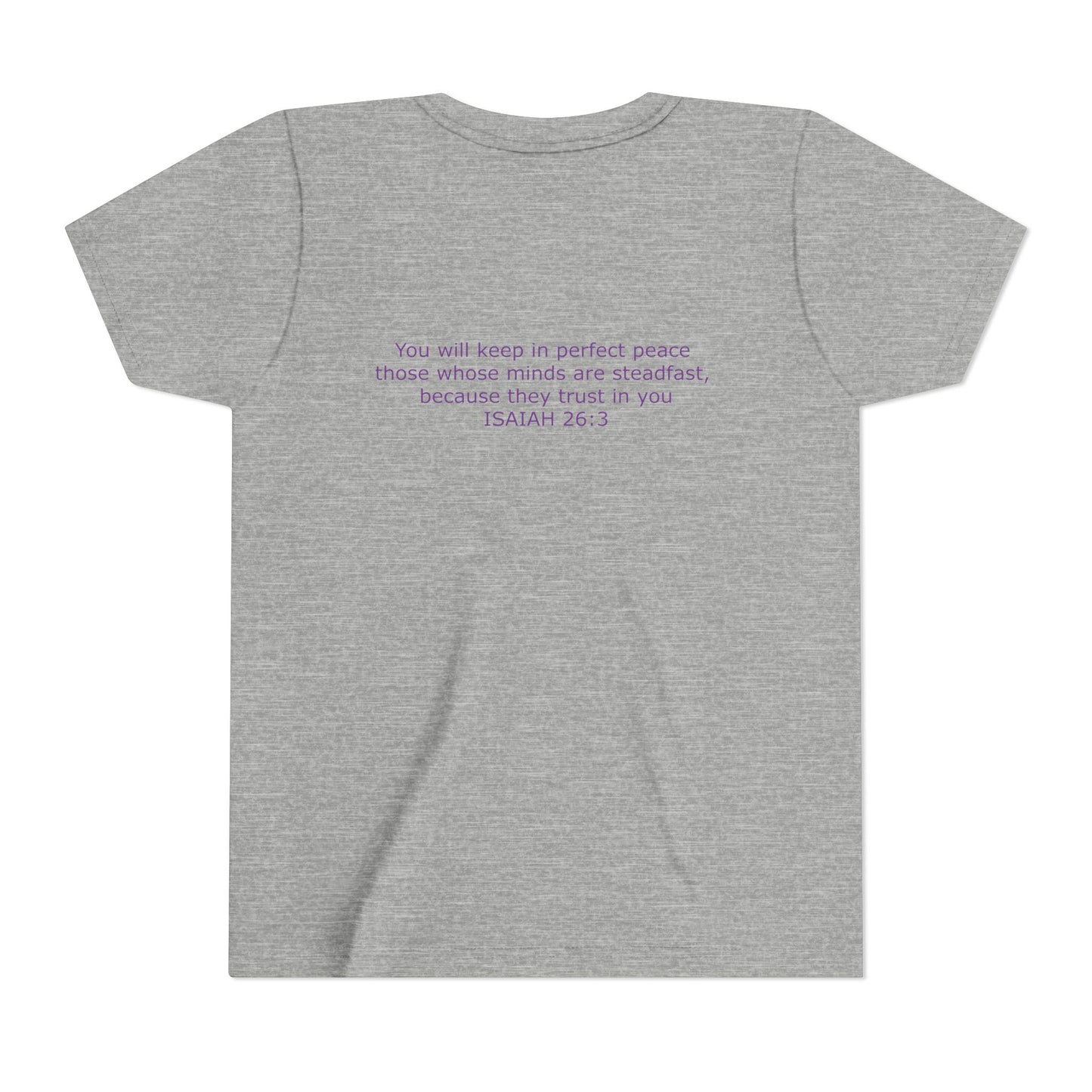 Kid's Steadfast Unisex Jersey Tee with Isaiah 26:3 Verse - Purple Logo