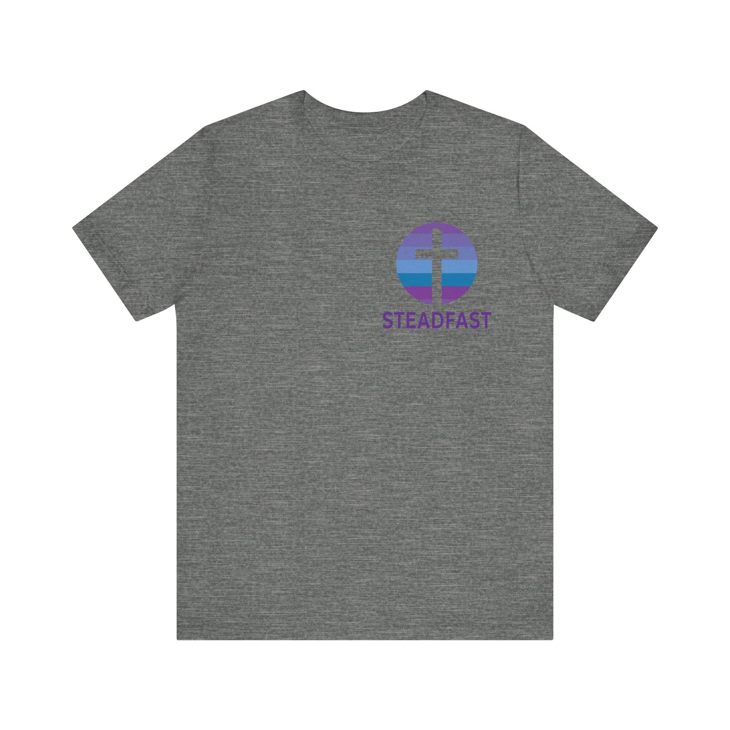 Steadfast Left Chest Purple Logo Unisex Jersey Tee with Isaiah 26:3 Verse