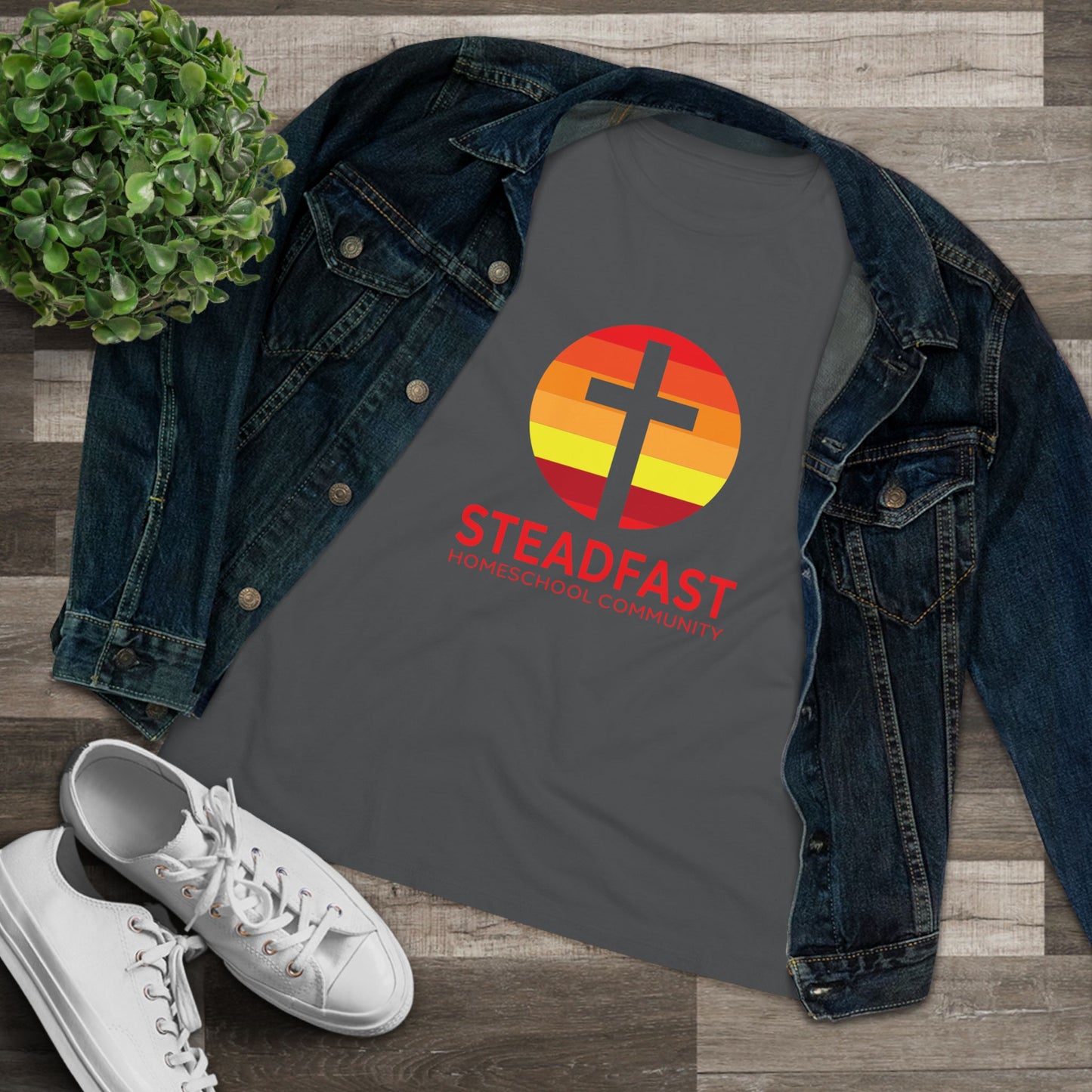Women's Steadfast Jersey Tee with Isaiah 26:3 Verse - Red Logo