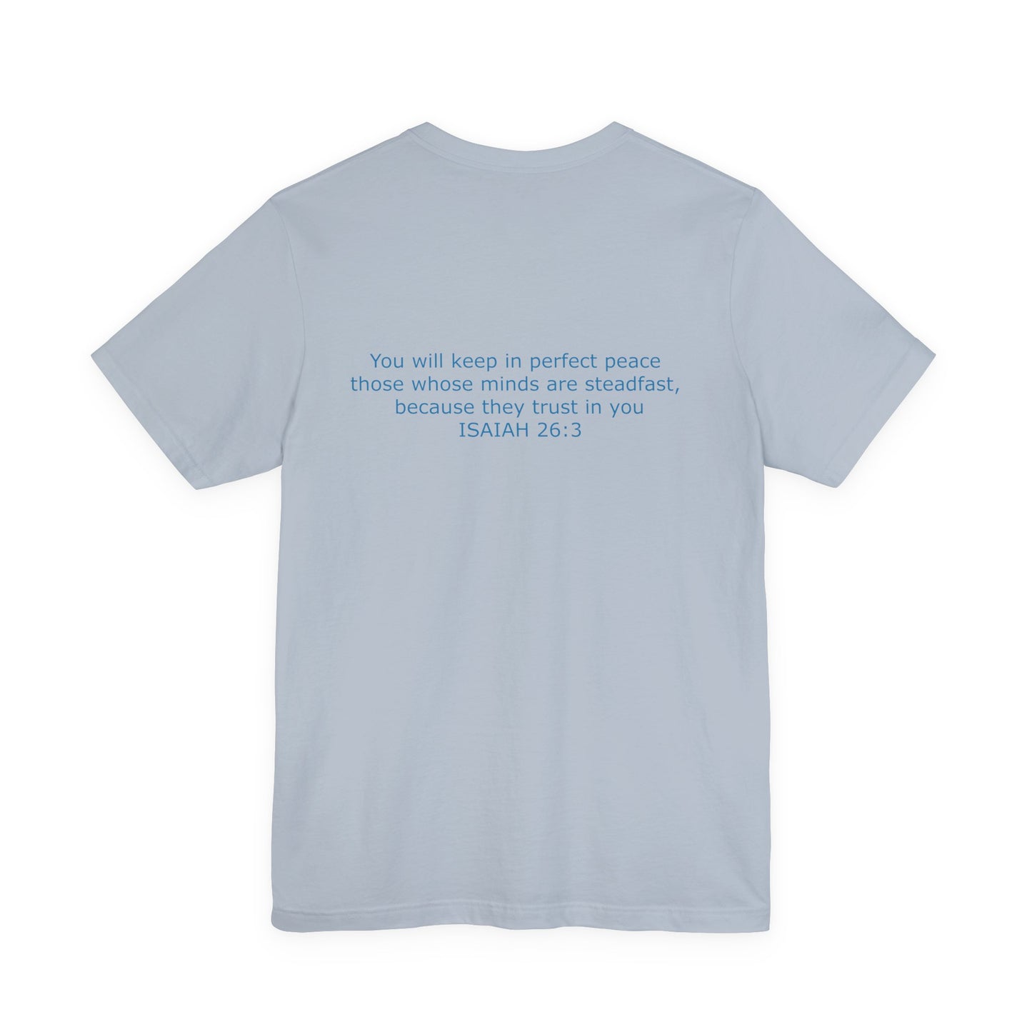 Steadfast Left Chest Blue Logo Unisex Jersey Tee with Isaiah 26:3 Verse
