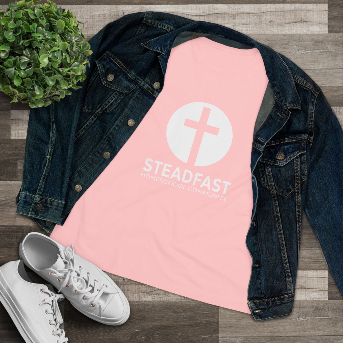 Women's Steadfast Jersey Tee with Isaiah 26:3 Verse - White Logo