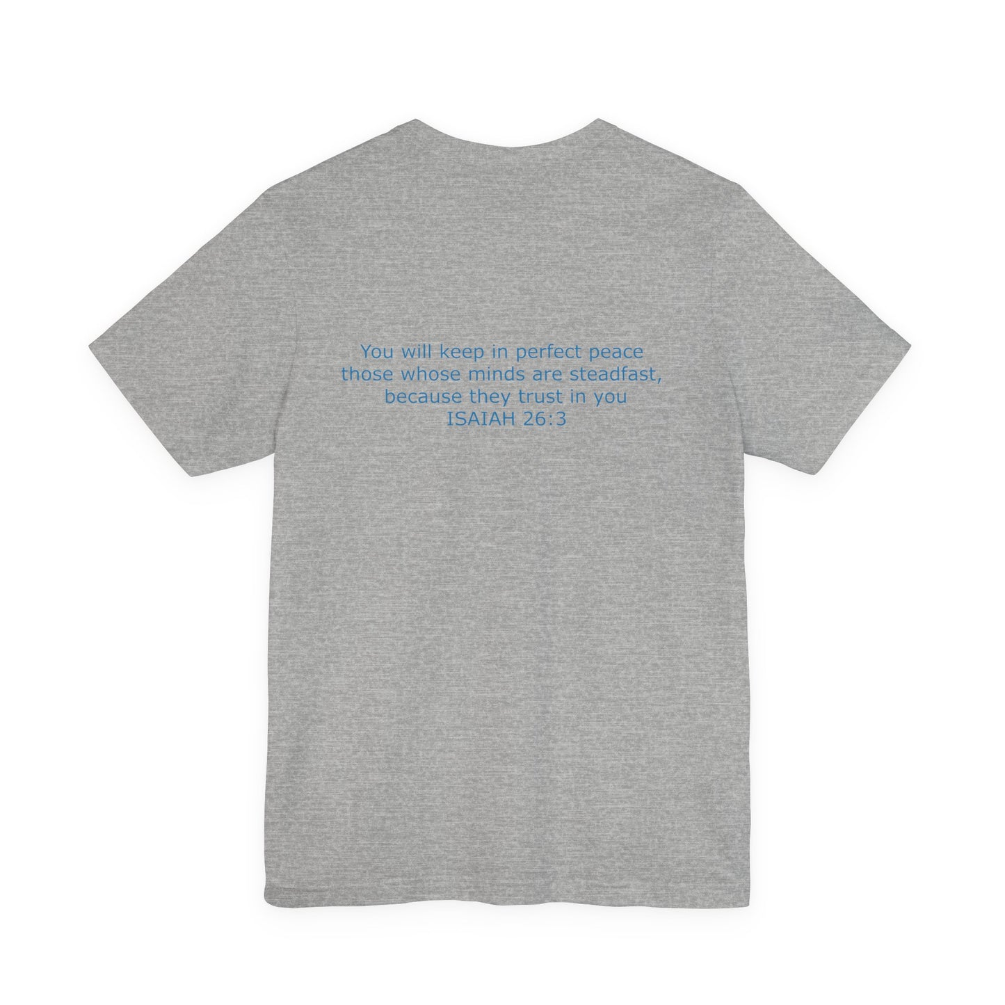 Steadfast Left Chest Blue Logo Unisex Jersey Tee with Isaiah 26:3 Verse