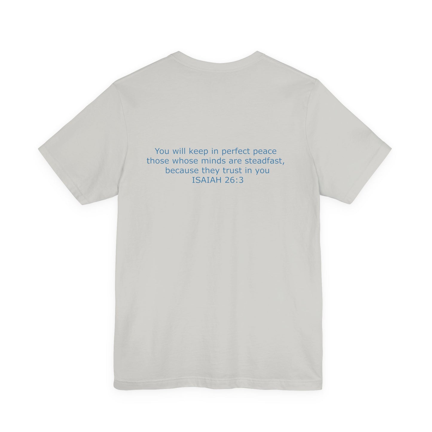 Steadfast Left Chest Blue Logo Unisex Jersey Tee with Isaiah 26:3 Verse