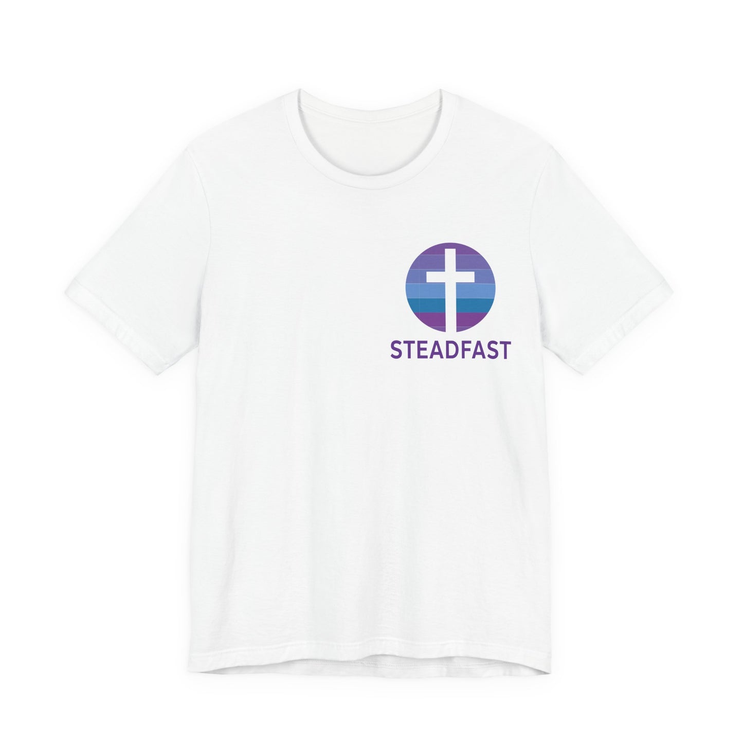 Steadfast Left Chest Purple Logo Unisex Jersey Tee with Isaiah 26:3 Verse