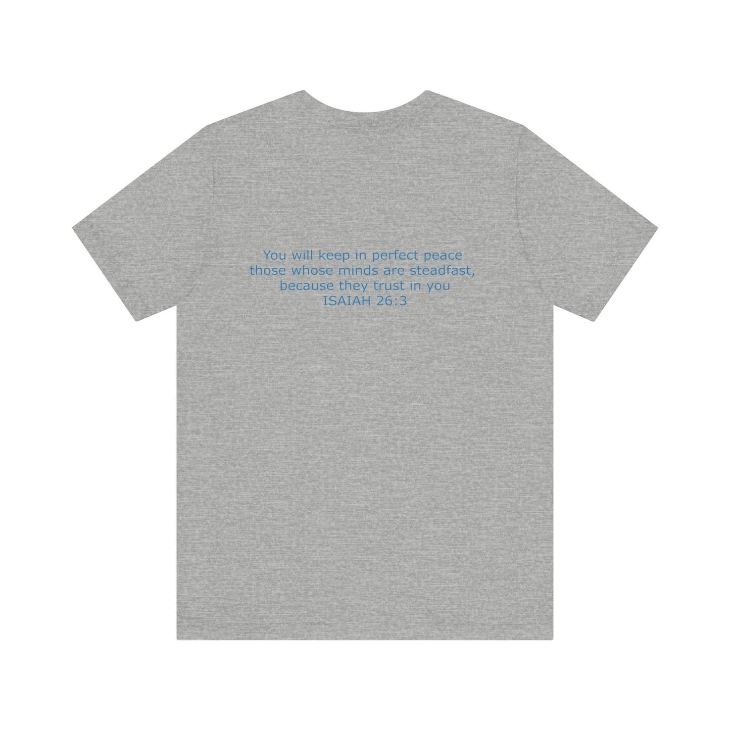 Steadfast Left Chest Blue Logo Unisex Jersey Tee with Isaiah 26:3 Verse