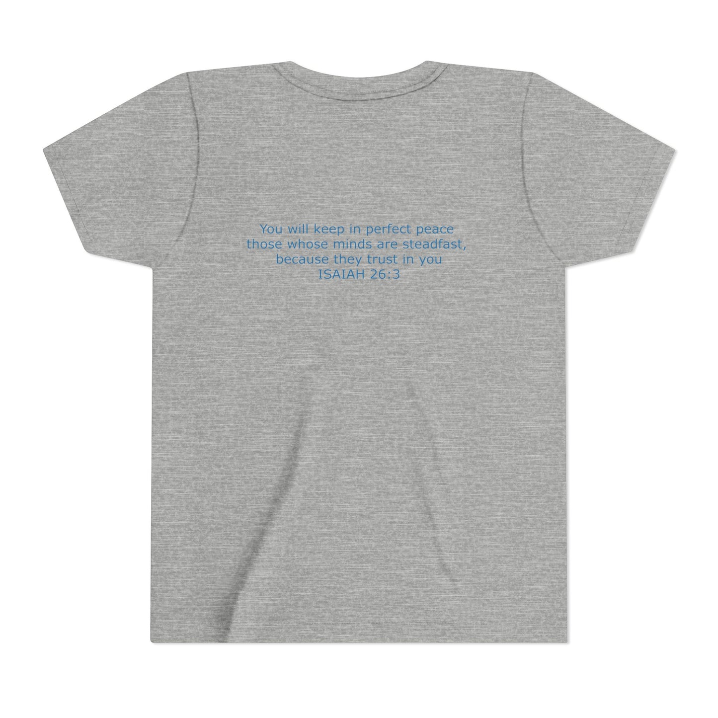 Kid's Steadfast Unisex Jersey Tee with Isaiah 26:3 Verse - Blue Logo