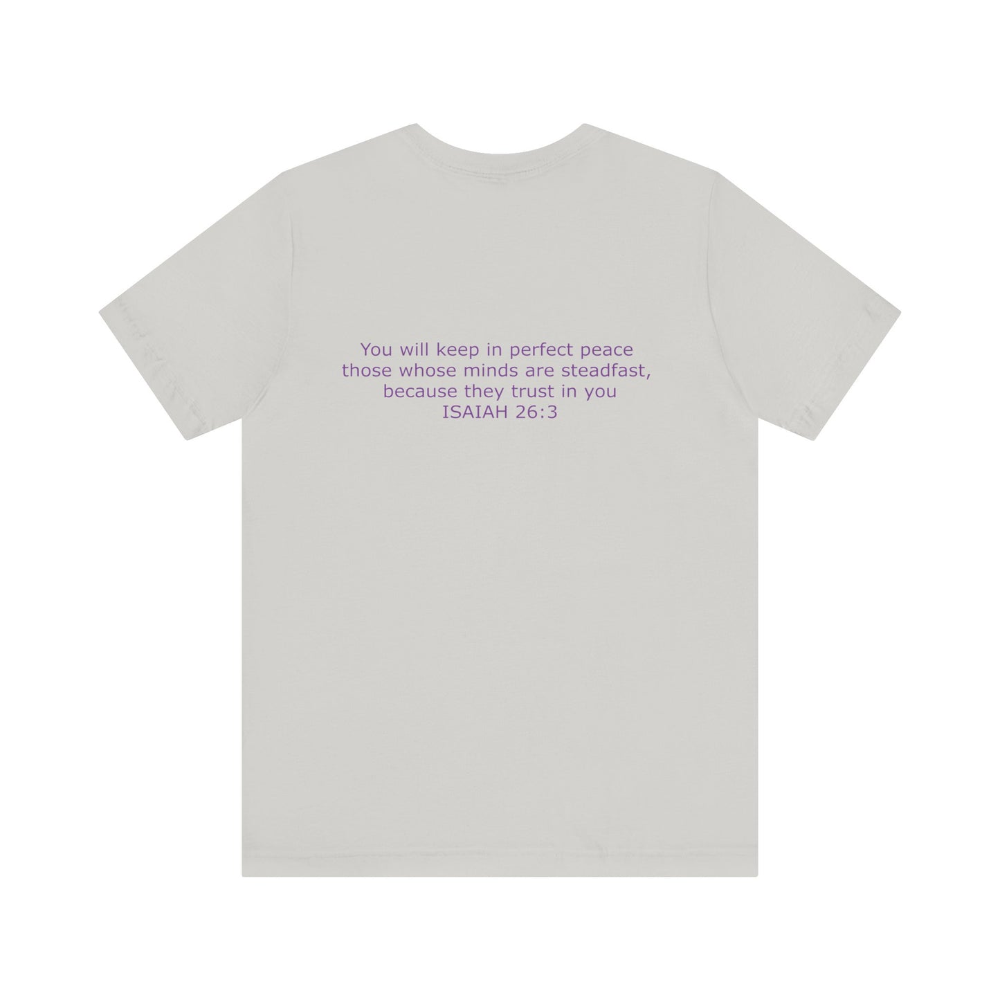 Steadfast Left Chest Purple Logo Unisex Jersey Tee with Isaiah 26:3 Verse