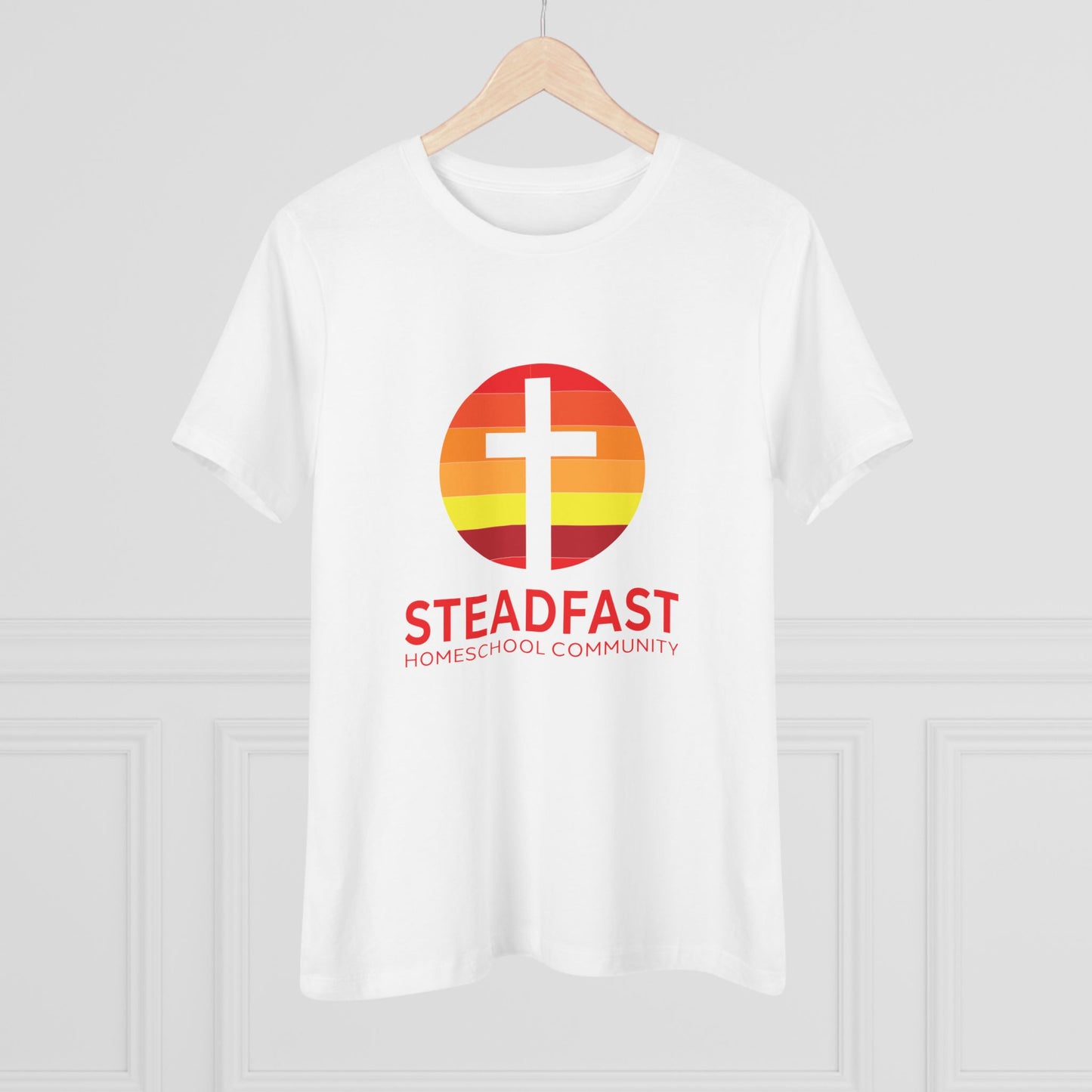 Women's Steadfast Jersey Tee with Isaiah 26:3 Verse - Red Logo
